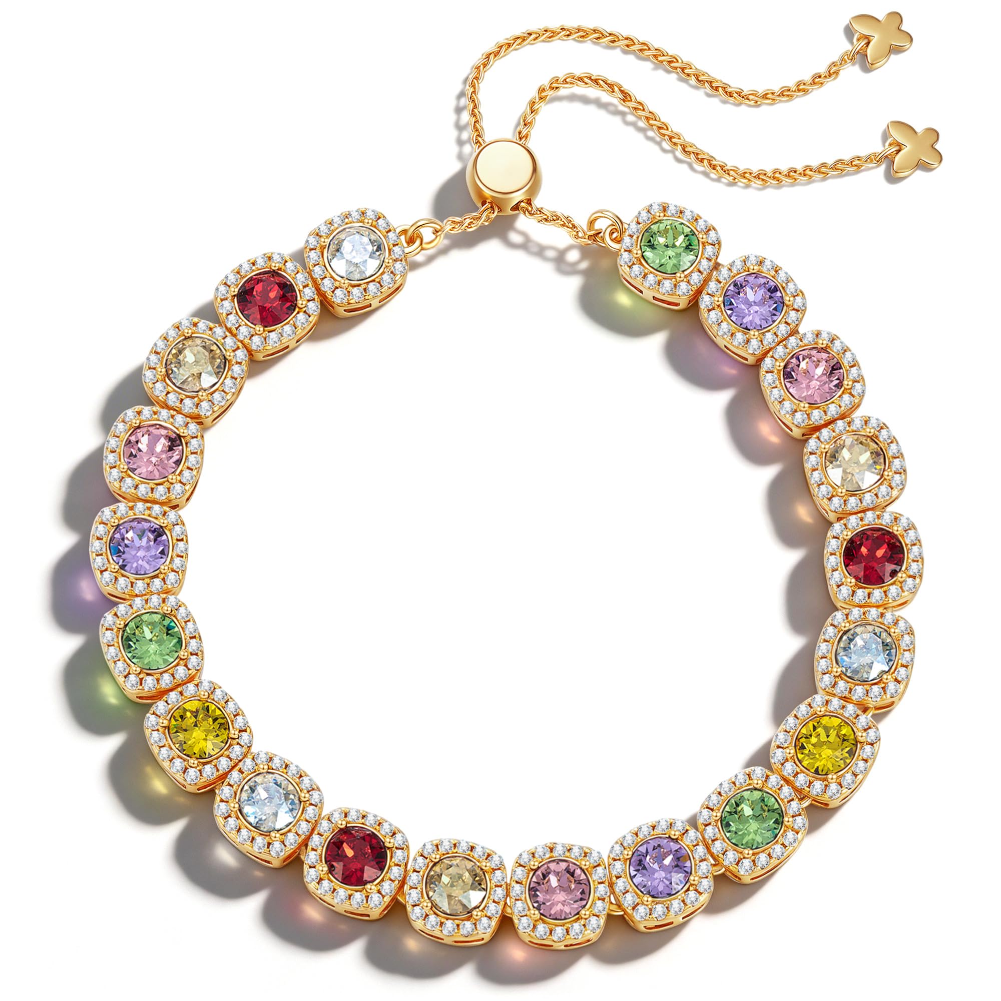 Lucky 7 Handcrafted 14K Gold Plated Tennis Bracelet for Women, 7 Colors of Authentic Swarovski Crystals & Adjustable Slider Jewelry - Meaningful Gift for Birthday, Anniversary, Mother's Day
