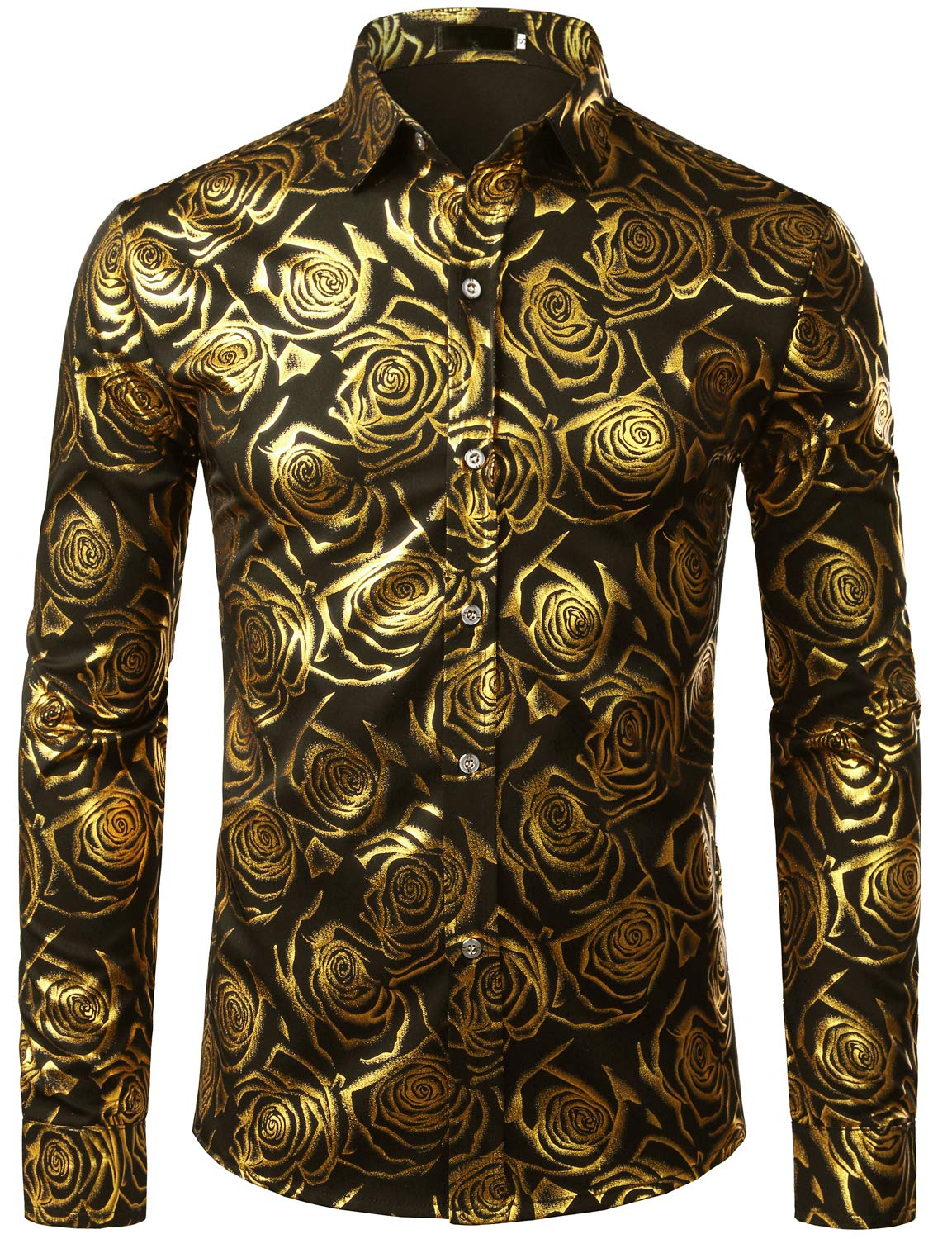 ZEROYAA Mens Hipster Rose Printed Slim Fit Long Sleeve Dress Shirts Prom Performing Shirts