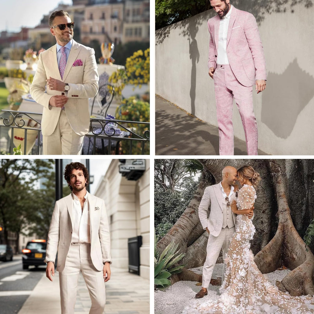 Diaryan Linen Men Suit Set Casual Tuxedo 2 Piece Regular Fit Blazer One Button Solid Jacket and Pants for Prom Wedding Party