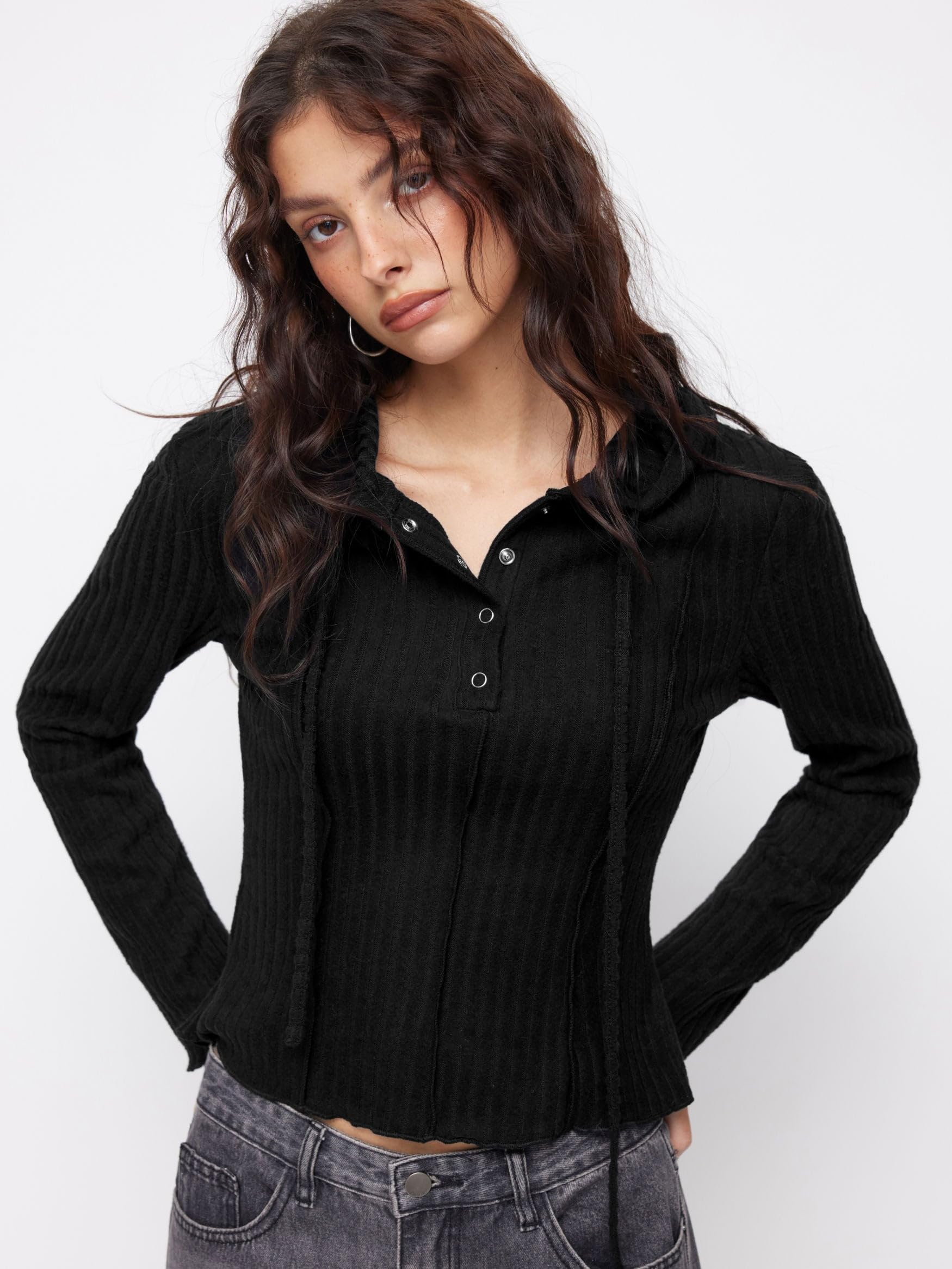 CIDER Women's Knit Hoodie Long Sleeve Crop Sweater Button Down Pullover Ribbed Y2K Going Out Casual Fall Fashion Clothing