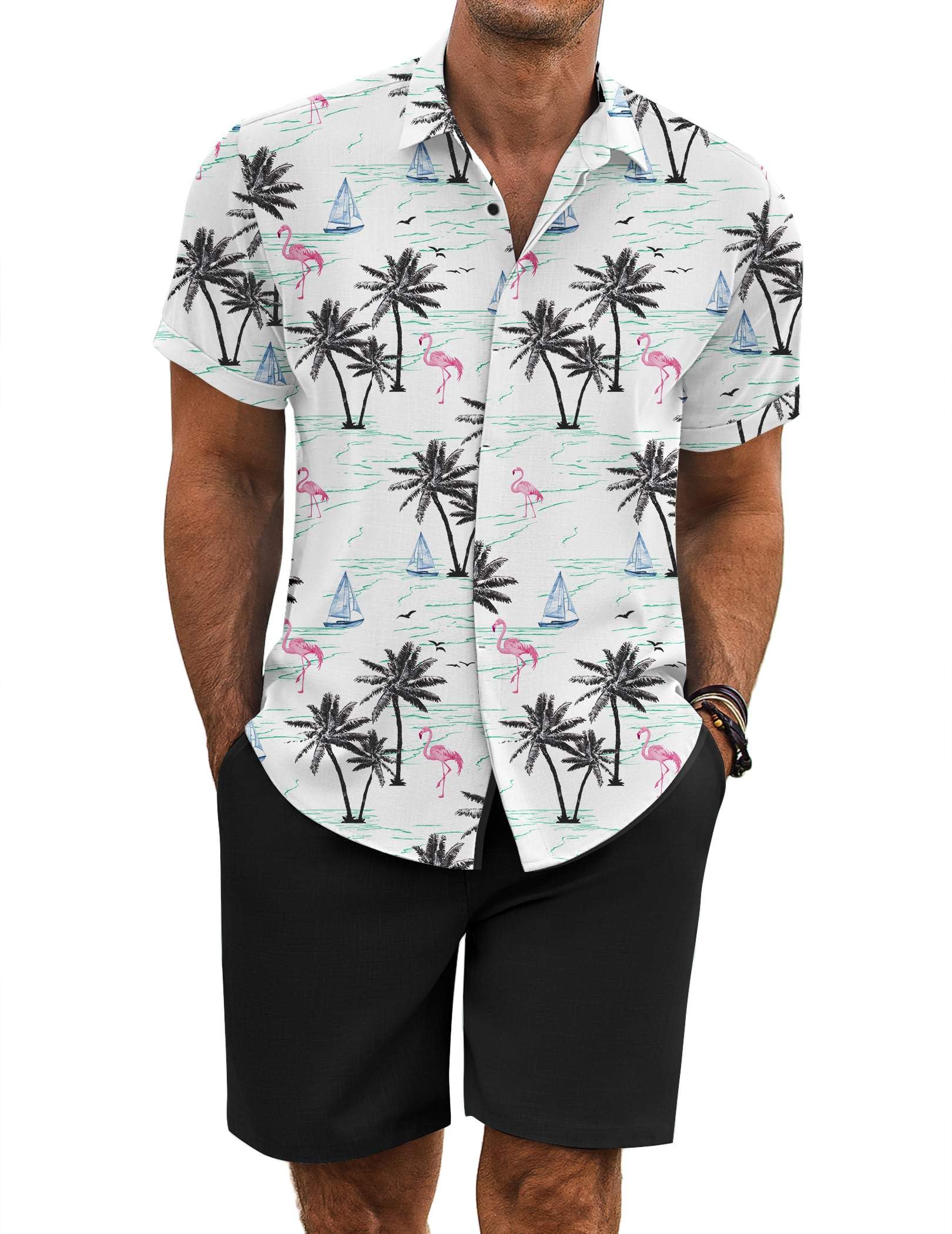 COOFANDY Men's Summer Beach Outfits 2 Piece Short Sleeve Shirts and Shorts Vacation Texture Linen Sets for Men