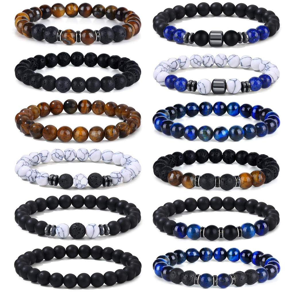 Giovanchi 4-12PCS Bracelets for Men, 8MM Mens Bracelets Lava Rock Black Obsidian Howlite Tiger Eye Beaded Natural Stone Bracelet Jewelry Gifts for Birthday Christmas