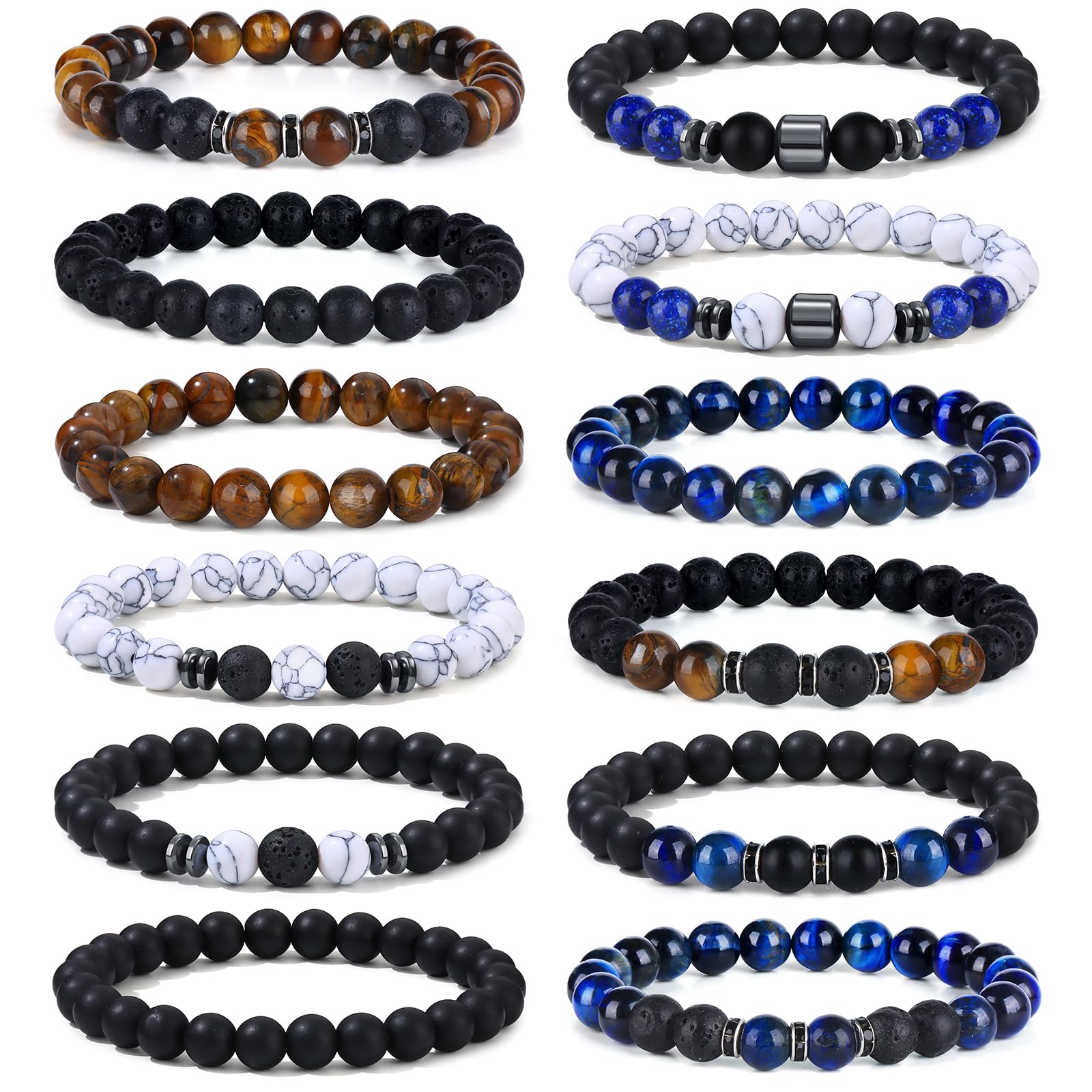 Giovanchi 4-12PCS Bracelets for Men, 8MM Mens Bracelets Lava Rock Black Obsidian Howlite Tiger Eye Beaded Natural Stone Bracelet Jewelry Gifts for Birthday Christmas