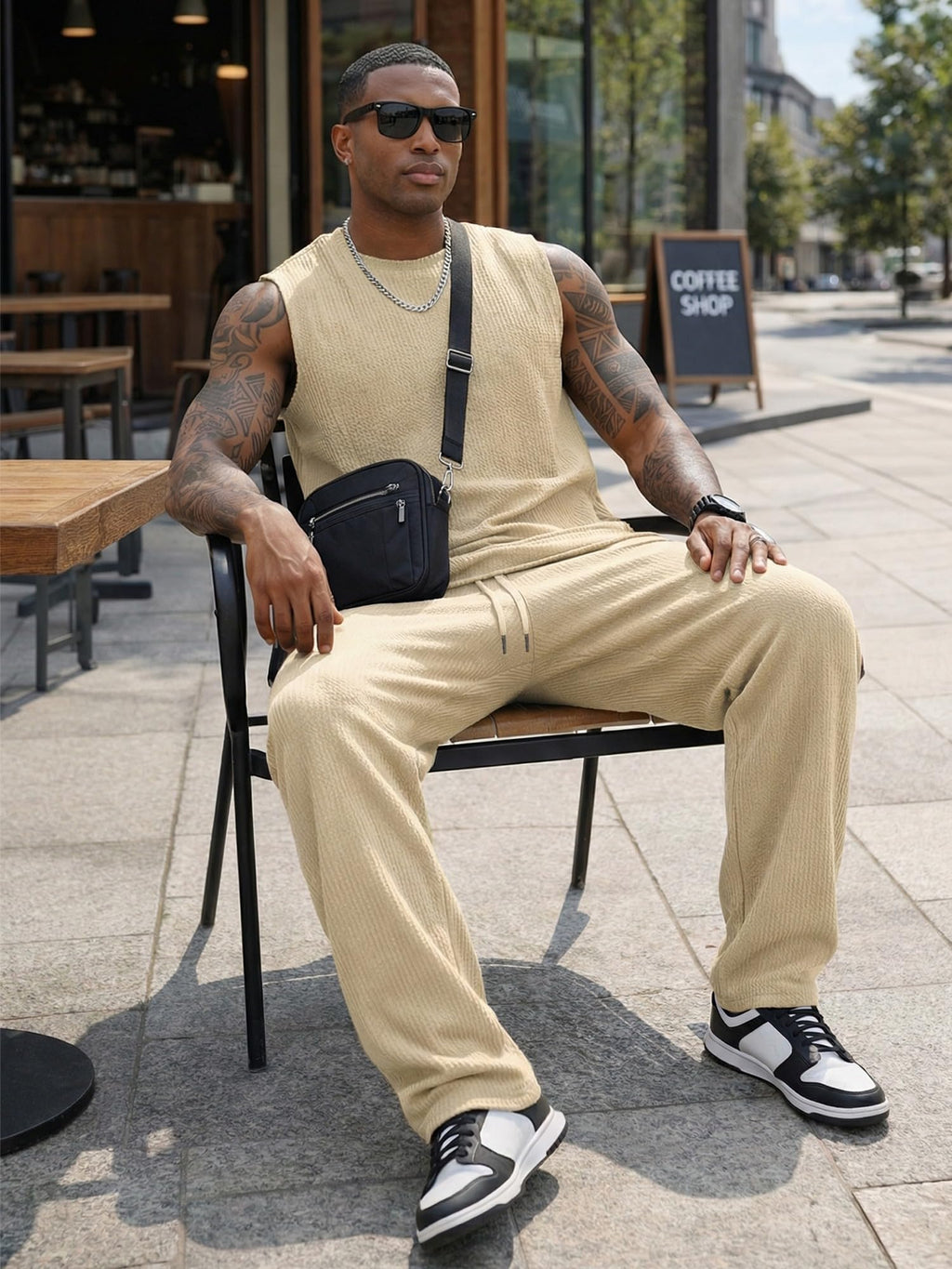 JMIERR Men Fashion 2 Piece Set Casual Muscle Tank Baggy Pants Stretch Textured Beach Street HipHop Sleeveless Shirts