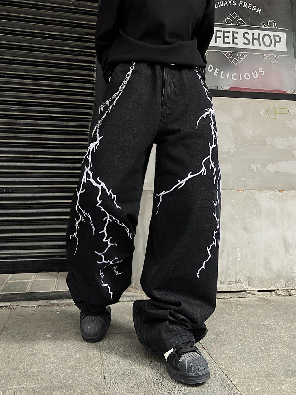 DFGIGT Men's Hip-hop Embroidered Baggy Jeans Loose Fit Denim Black Trousers