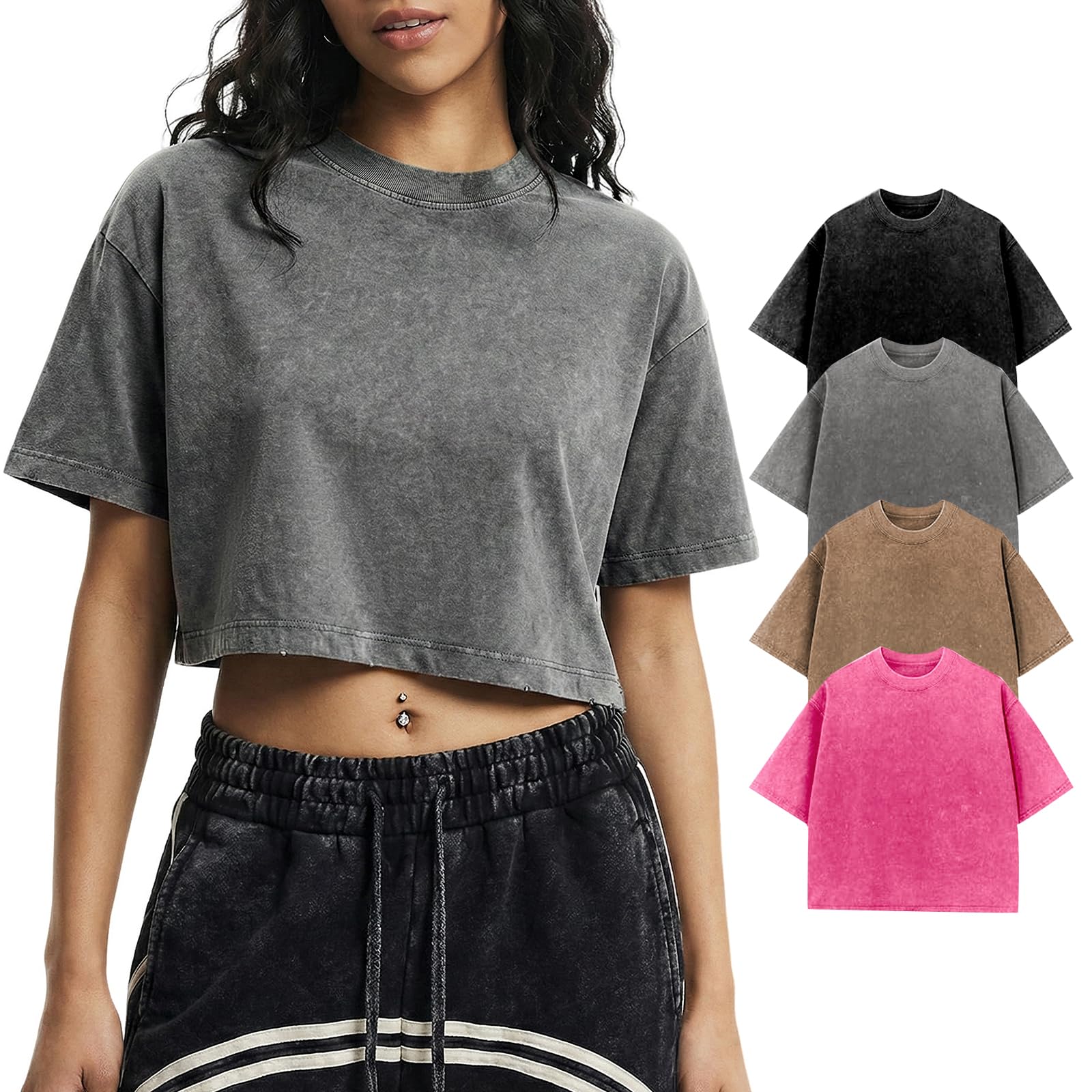 Gihuo Cropped T Shirts for Women Vintage Tees Acid Wash Crop T-Shirts Oversized Cotton Tshirt