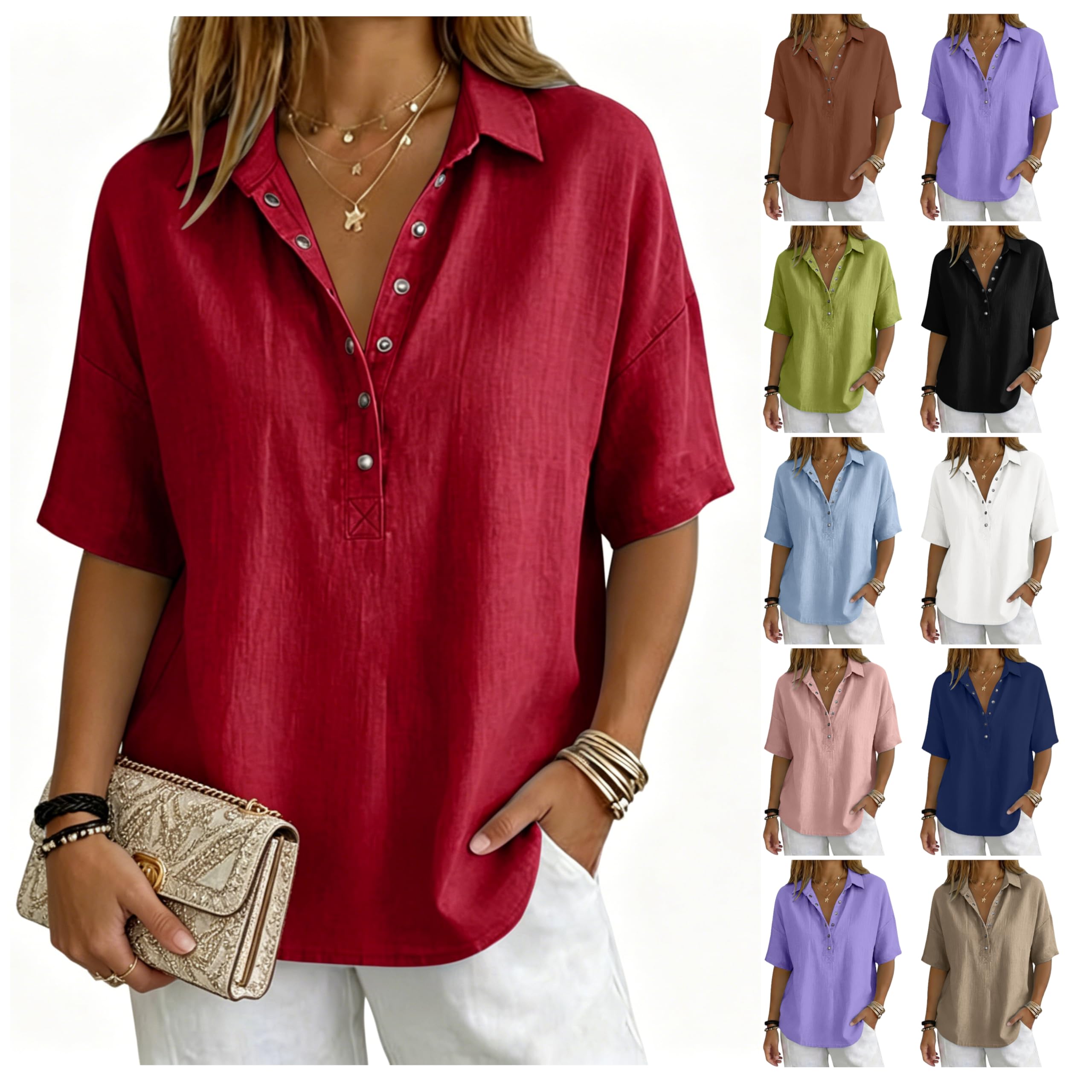 Linen Tops for Women Breathable Gauze Shirts Cotton Button Down Summer Elbow Length Blouses Dressy Casual Clothes