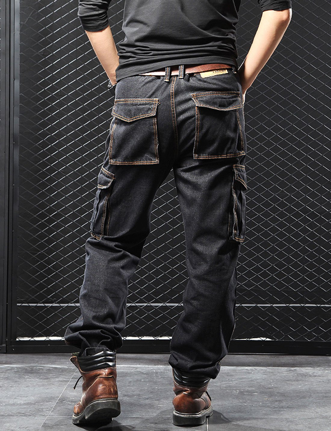 Yeokou Men's Casual Loose Hip Hop Denim Work Pants Jeans with Cargo Pockets