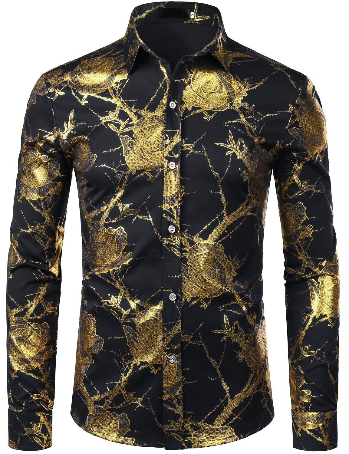 ZEROYAA Mens Hipster 3D Golden Rose Floral Printed Slim Fit Long Sleeve Button Down Dress Shirts