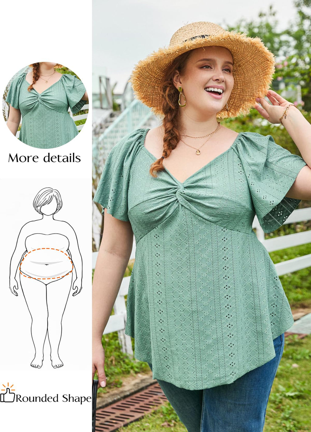 Eytino Womens Plus Size Tops Twist Front V Neck Short Sleeve Eyelet Embroidery Summer Loose Blouse Shirts(1X-5X)