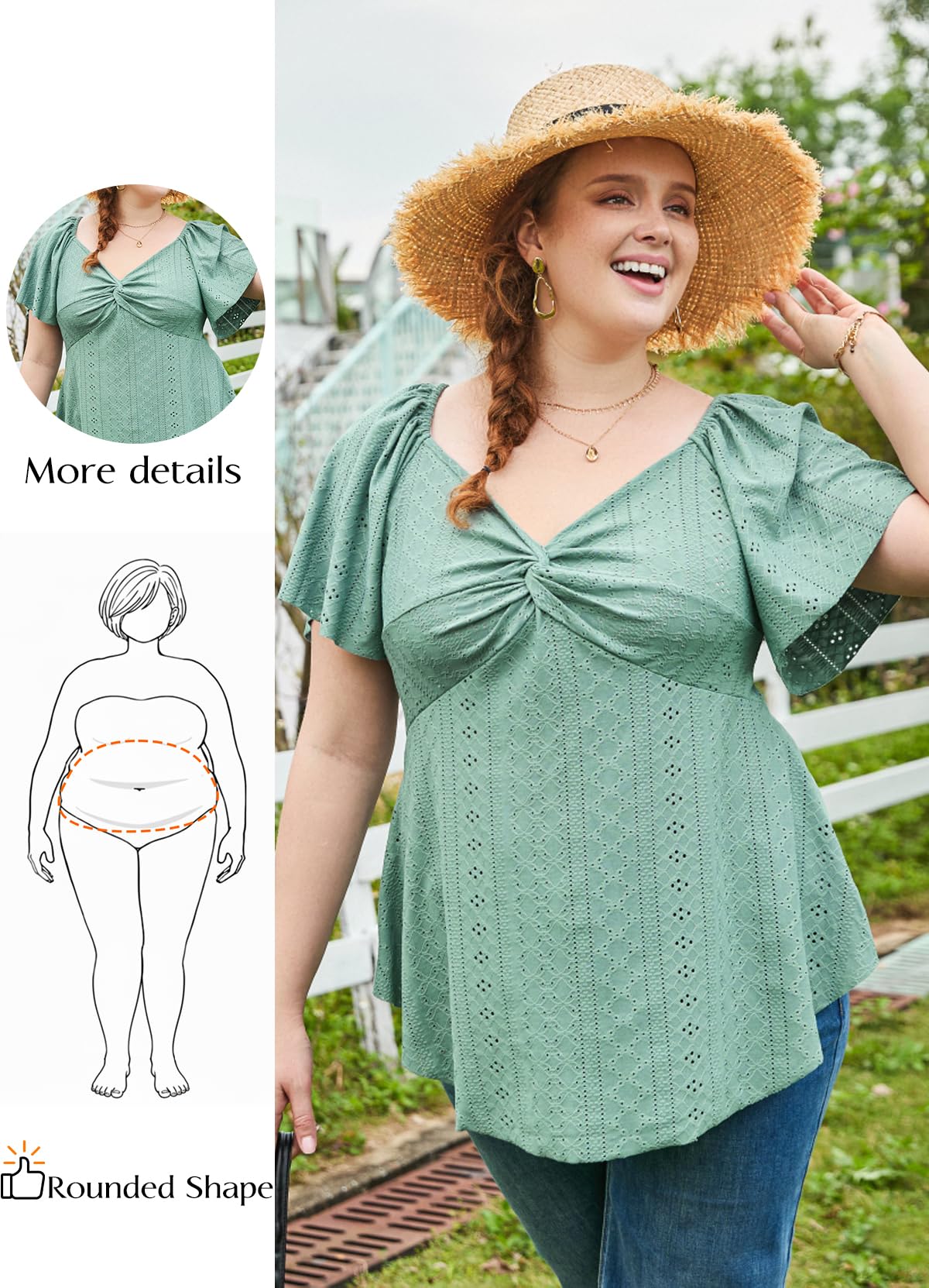 Eytino Womens Plus Size Tops Twist Front V Neck Short Sleeve Eyelet Embroidery Summer Loose Blouse Shirts(1X-5X)