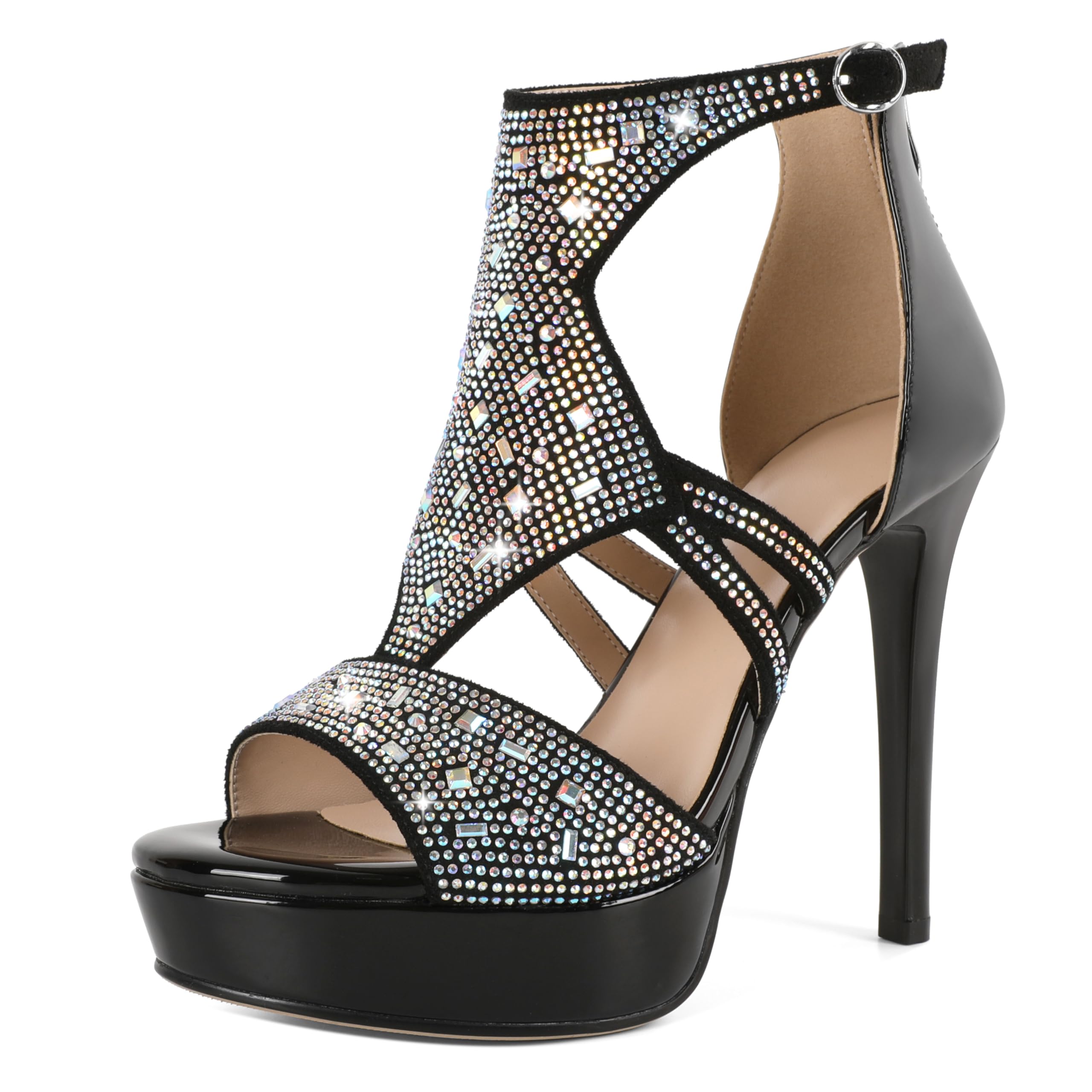Eldof High Heeled Sandals for Women, Open Toe Strappy Platform Sandals, Cutout Gladiator Heels with Rinestones, Pumps Shoes for Dress Party Evening Summer