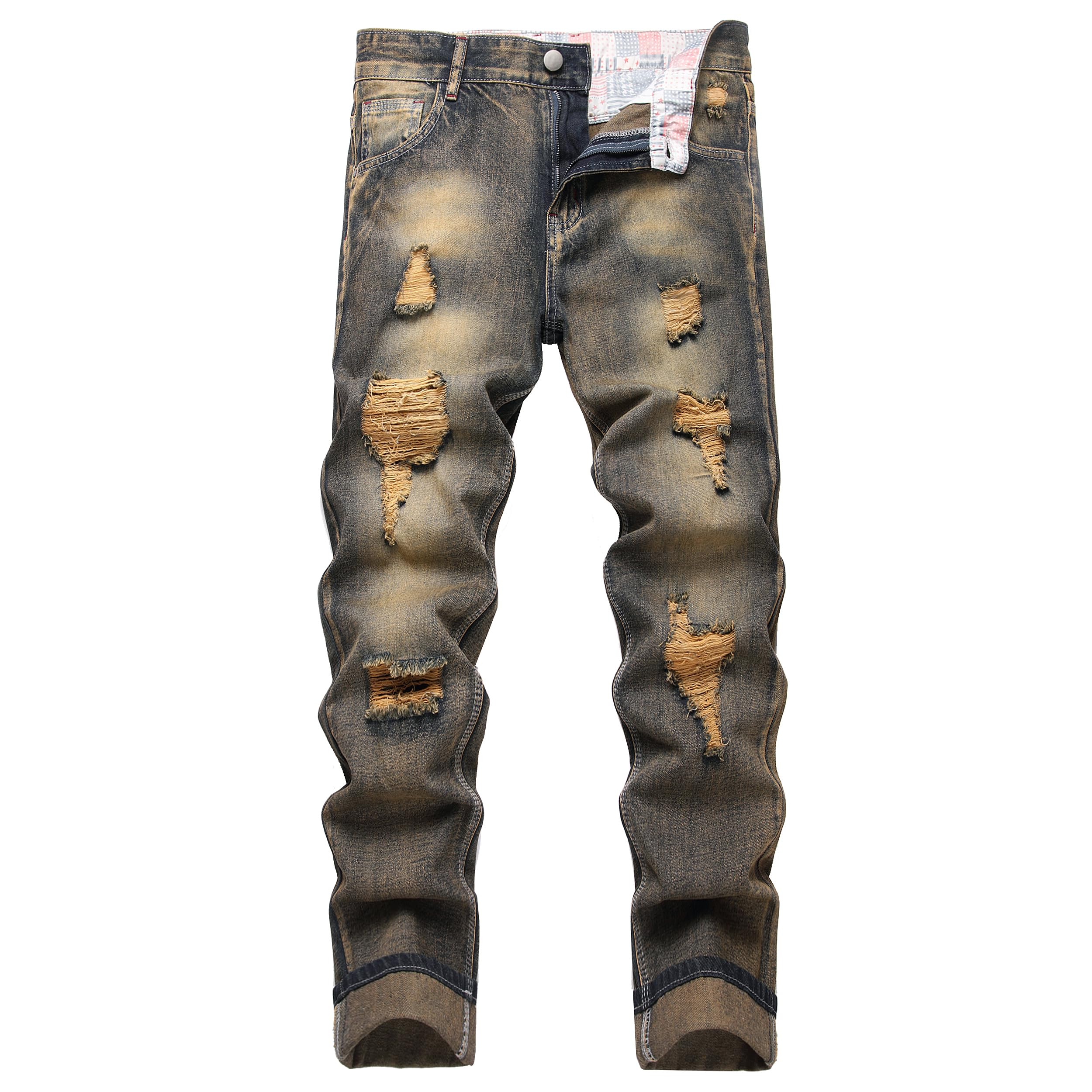 DANT BULUN Men's Ripped Distressed Destroyed Slim Fit Straight Leg Denim Jeans