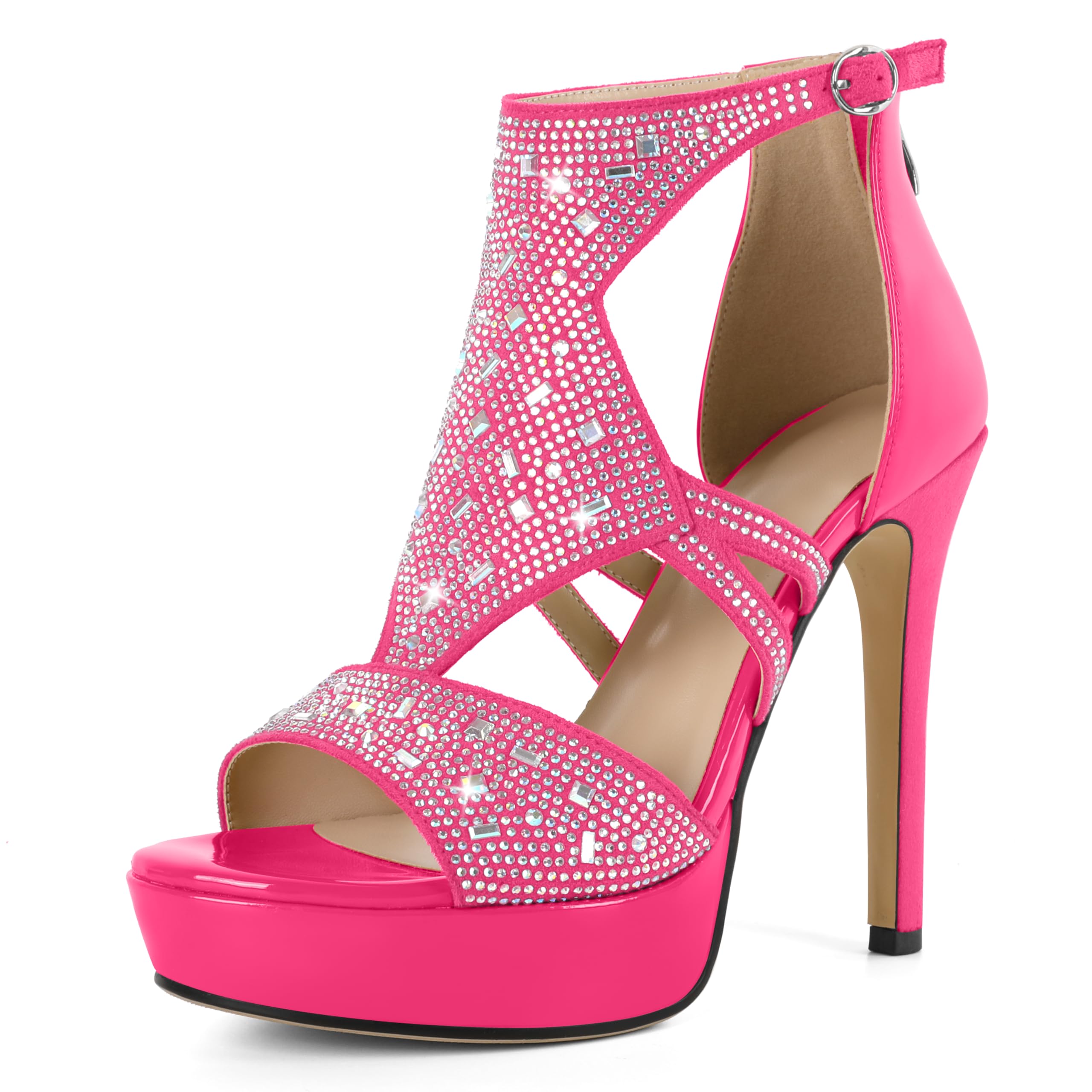 Eldof High Heeled Sandals for Women, Open Toe Strappy Platform Sandals, Cutout Gladiator Heels with Rinestones, Pumps Shoes for Dress Party Evening Summer