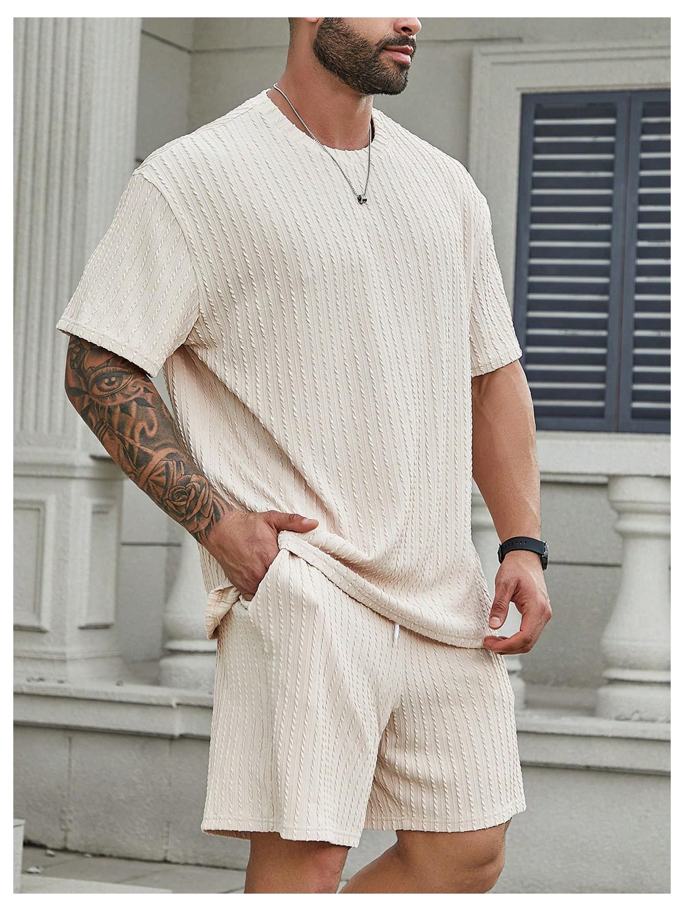 RoseSeek Men's Big and Tall 2 Piece Summer Outfits Textured Drop Shoulder T Shirt and Short Sets Tracksuit