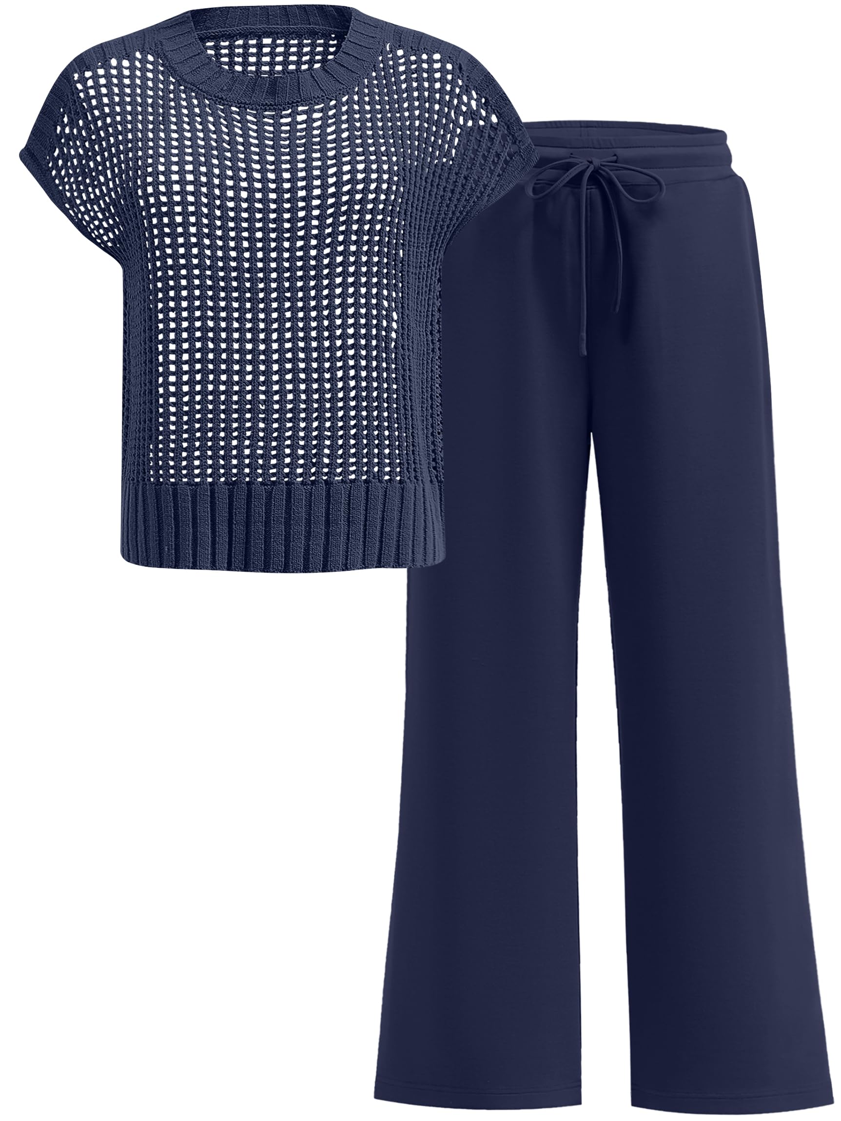 ANRABESS Women Two Piece Outfits Crochet Sheer Knit Sweater Top Wide Leg Pants Lounge Matching Sets Sweatsuit Travel Clothes
