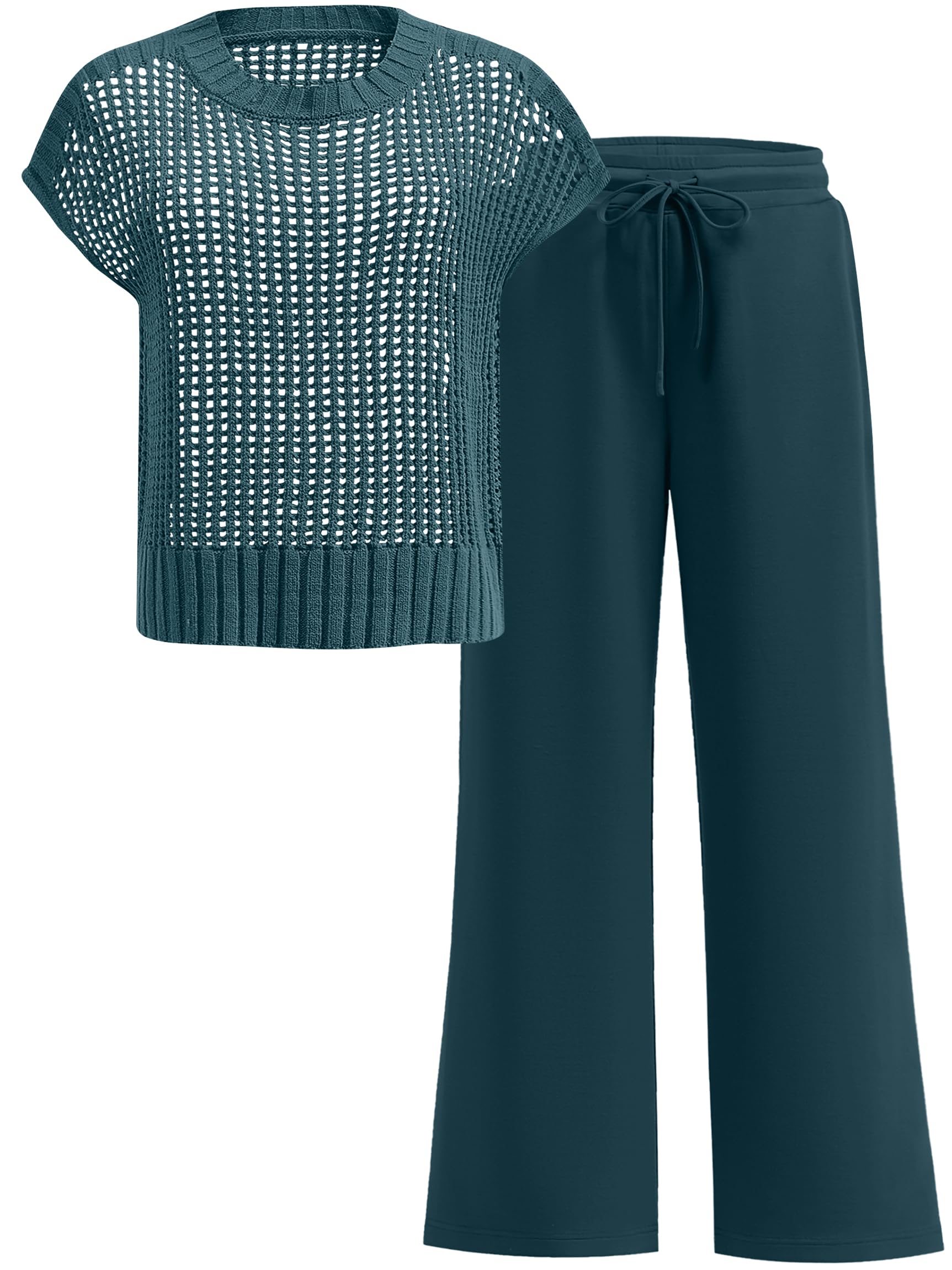 ANRABESS Women Two Piece Outfits Crochet Sheer Knit Sweater Top Wide Leg Pants Lounge Matching Sets Sweatsuit Travel Clothes