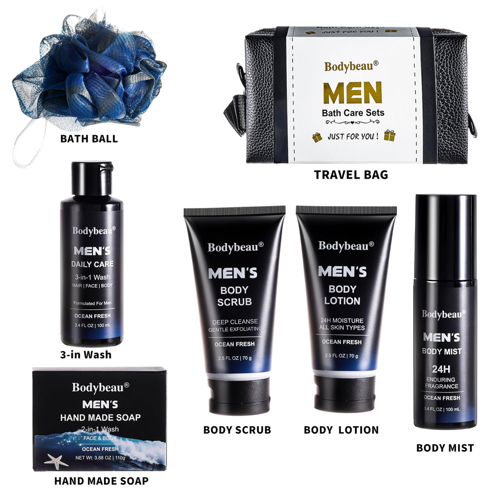 Bodybeau Men's Bath and Body Spa Gift Set - 7-Piece Kit with Daily Care 3-in-1 Wash, 2-in-1 Handmade Soap & Travel Bag - Father's Day/Birthday/Christmas Gifts for Dad, Husband Son from Family