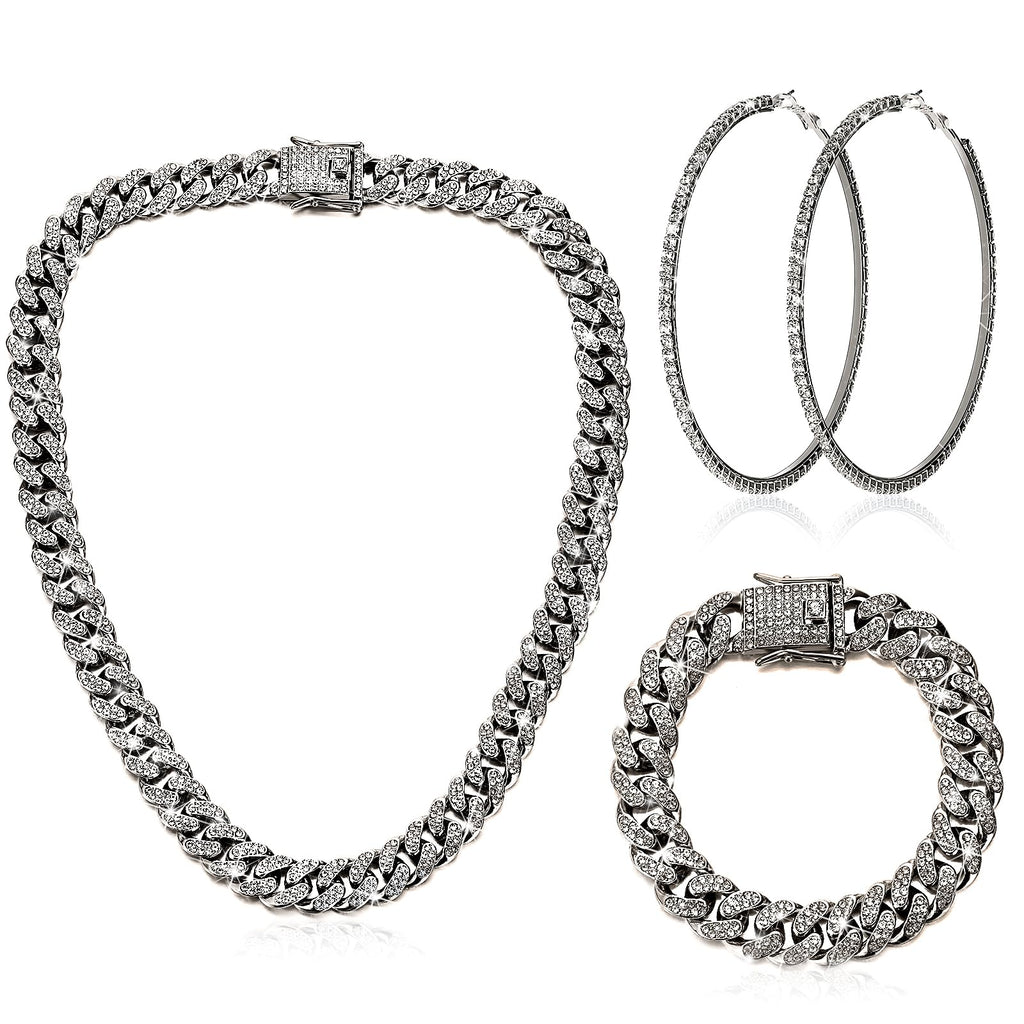 Batiyeer 3 Pcs Cuban Link Chain Necklace Bracelet Rhinestone Hoop Earrings Bling Crystal Hip Hop Jewelry for Women