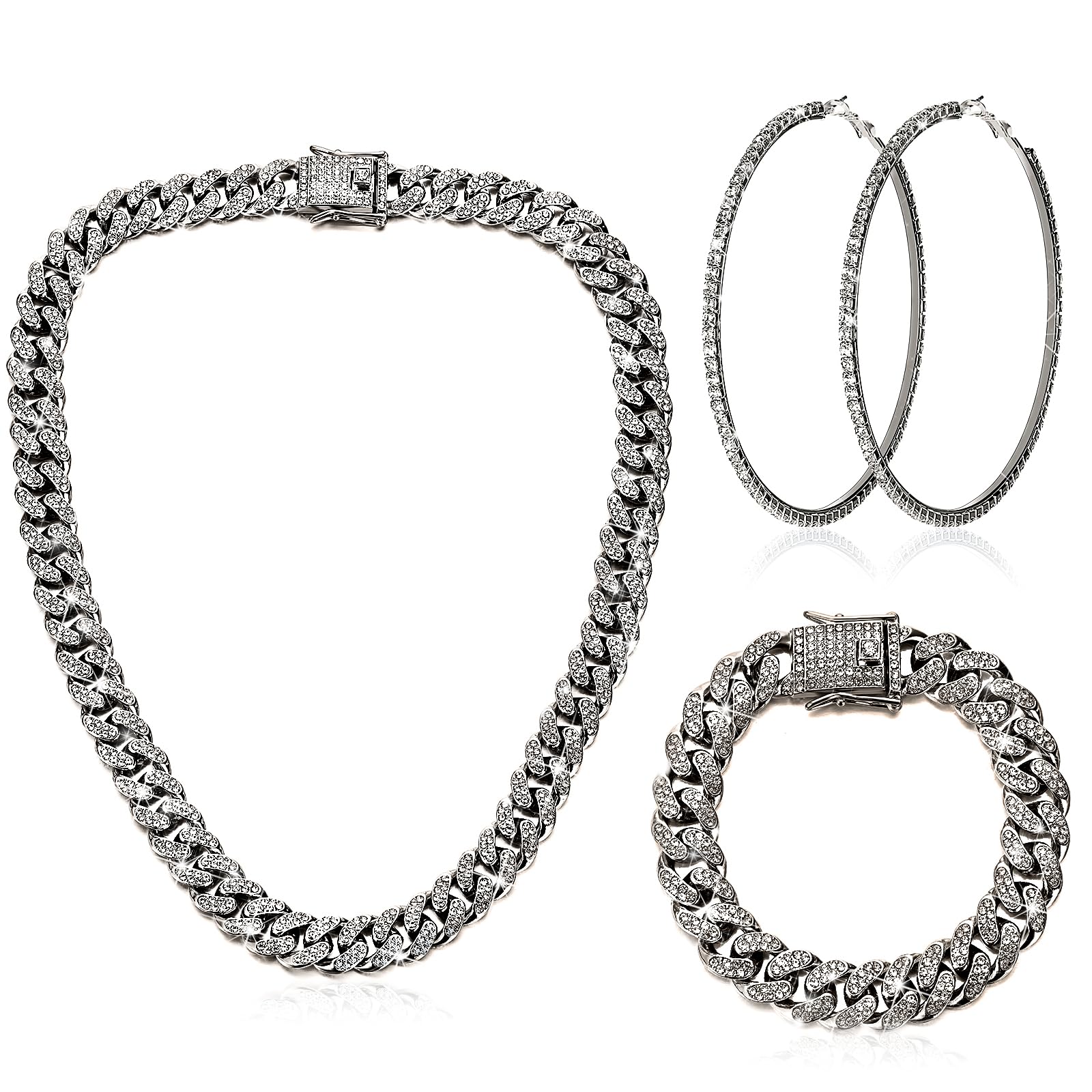 Batiyeer 3 Pcs Cuban Link Chain Necklace Bracelet Rhinestone Hoop Earrings Bling Crystal Hip Hop Jewelry for Women