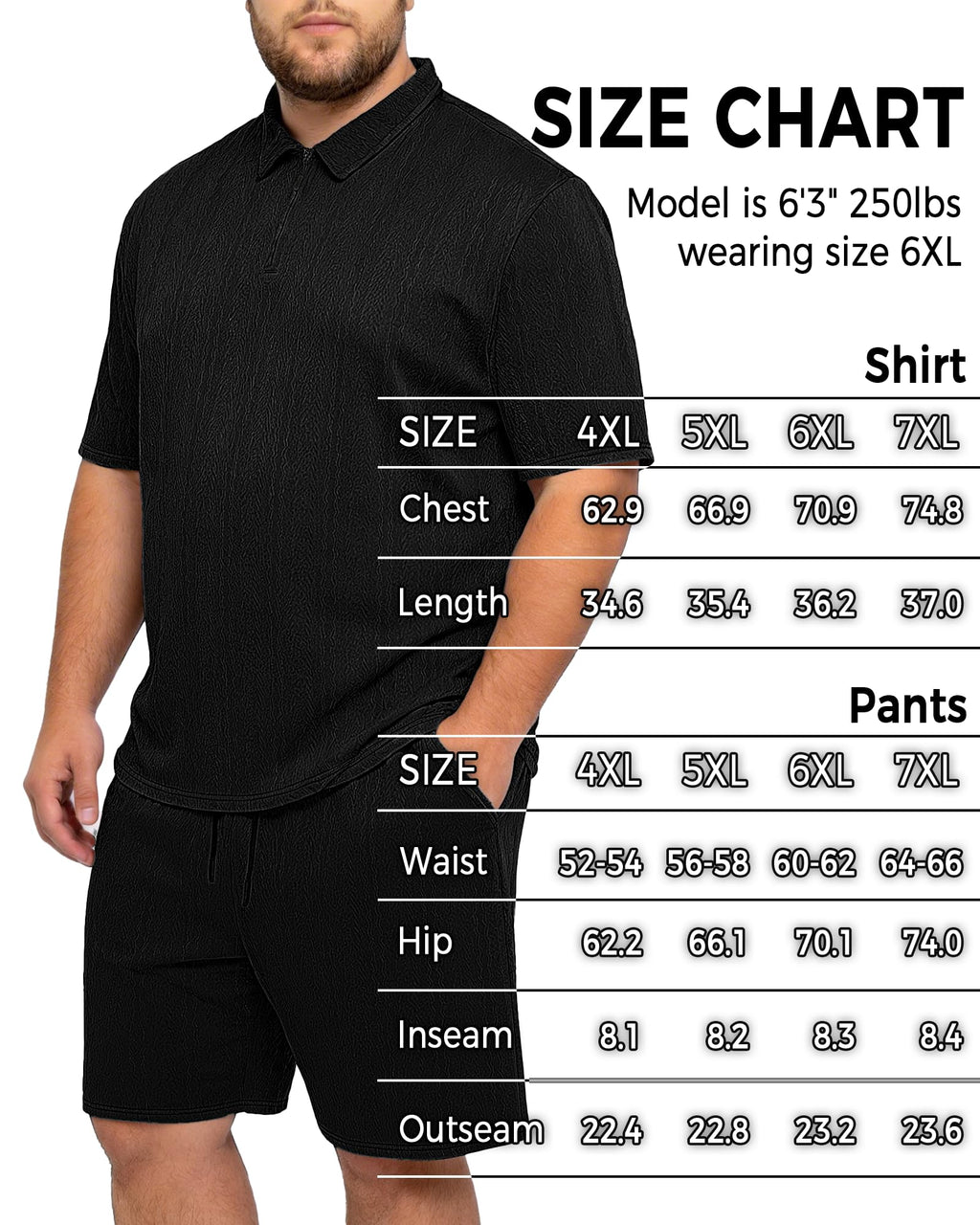 Sovneazy Big and Tall 2 Piece Outfits for Men Polo Shirt and Short Sets Quarter Zip Textured Summer Clothes, Black 2XL