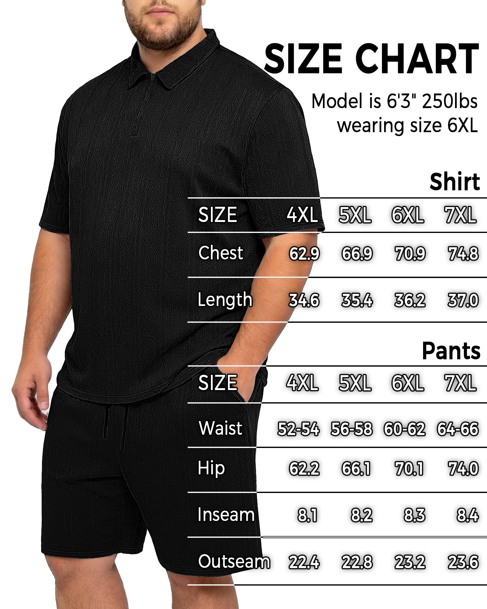 Sovneazy Big and Tall 2 Piece Outfits for Men Polo Shirt and Short Sets Quarter Zip Textured Summer Clothes, Black 2XL