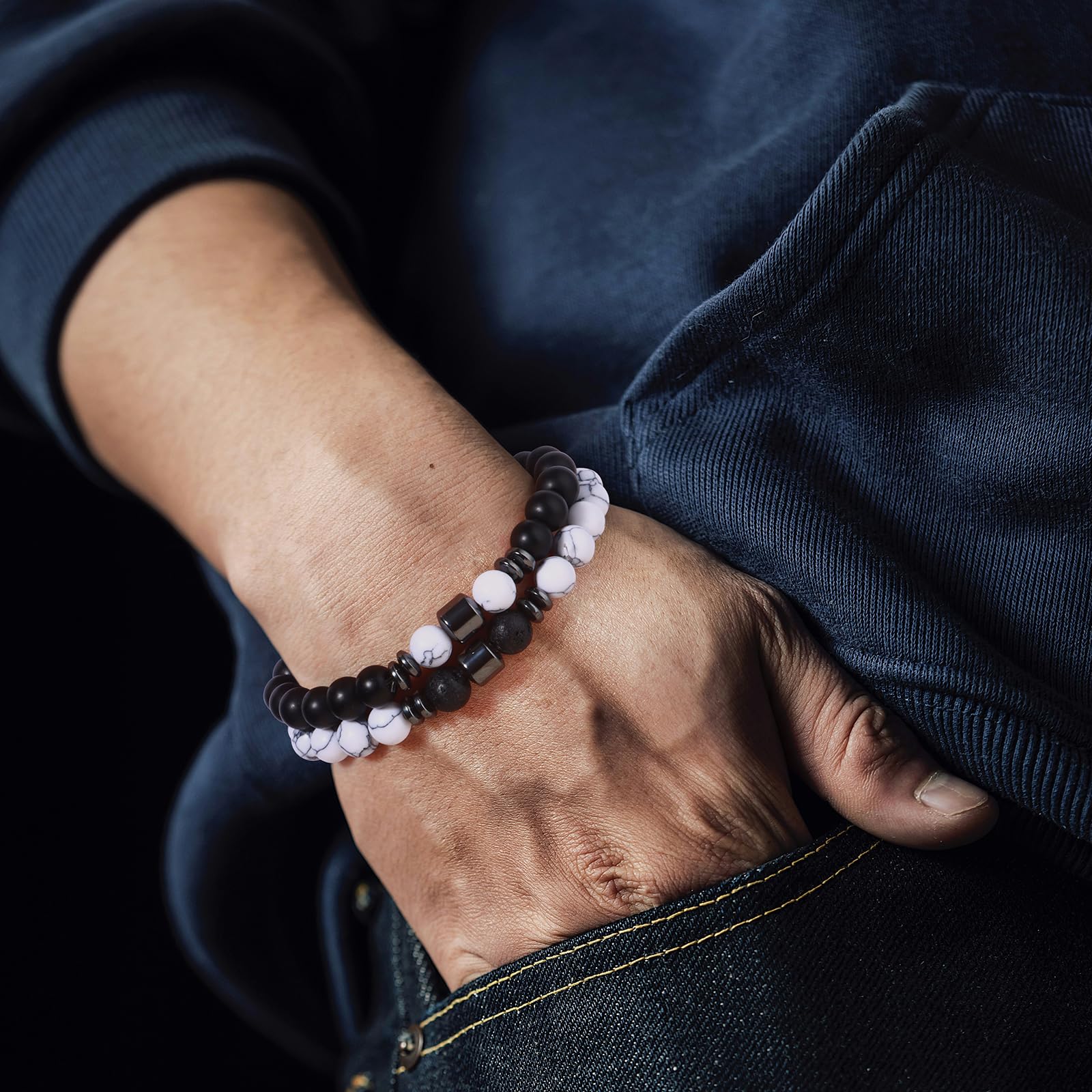 Giovanchi 4-12PCS Bracelets for Men, 8MM Mens Bracelets Lava Rock Black Obsidian Howlite Tiger Eye Beaded Natural Stone Bracelet Jewelry Gifts for Birthday Christmas