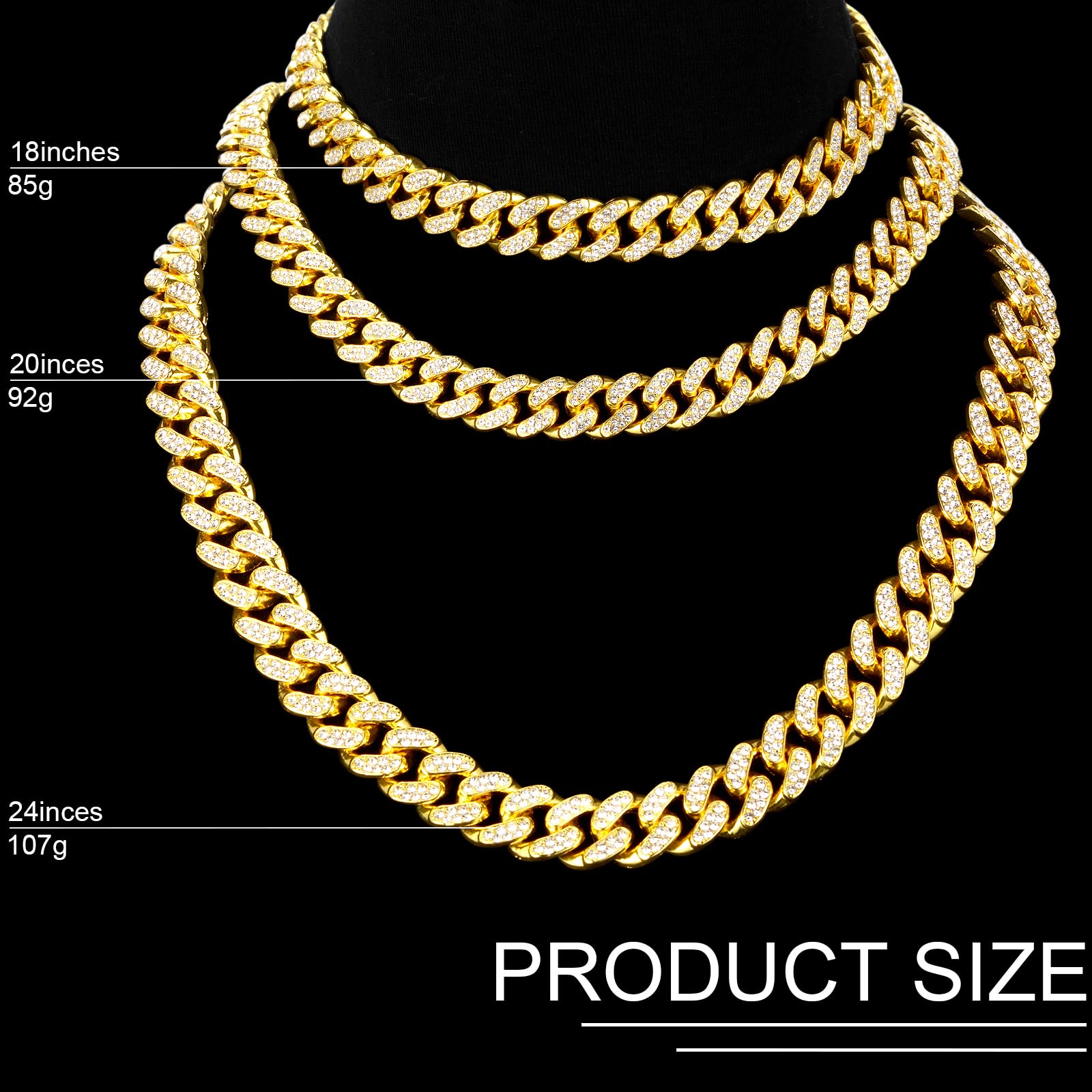 Batiyeer 3 Pcs Cuban Link Chain Necklace Bracelet Rhinestone Hoop Earrings Bling Crystal Hip Hop Jewelry for Women