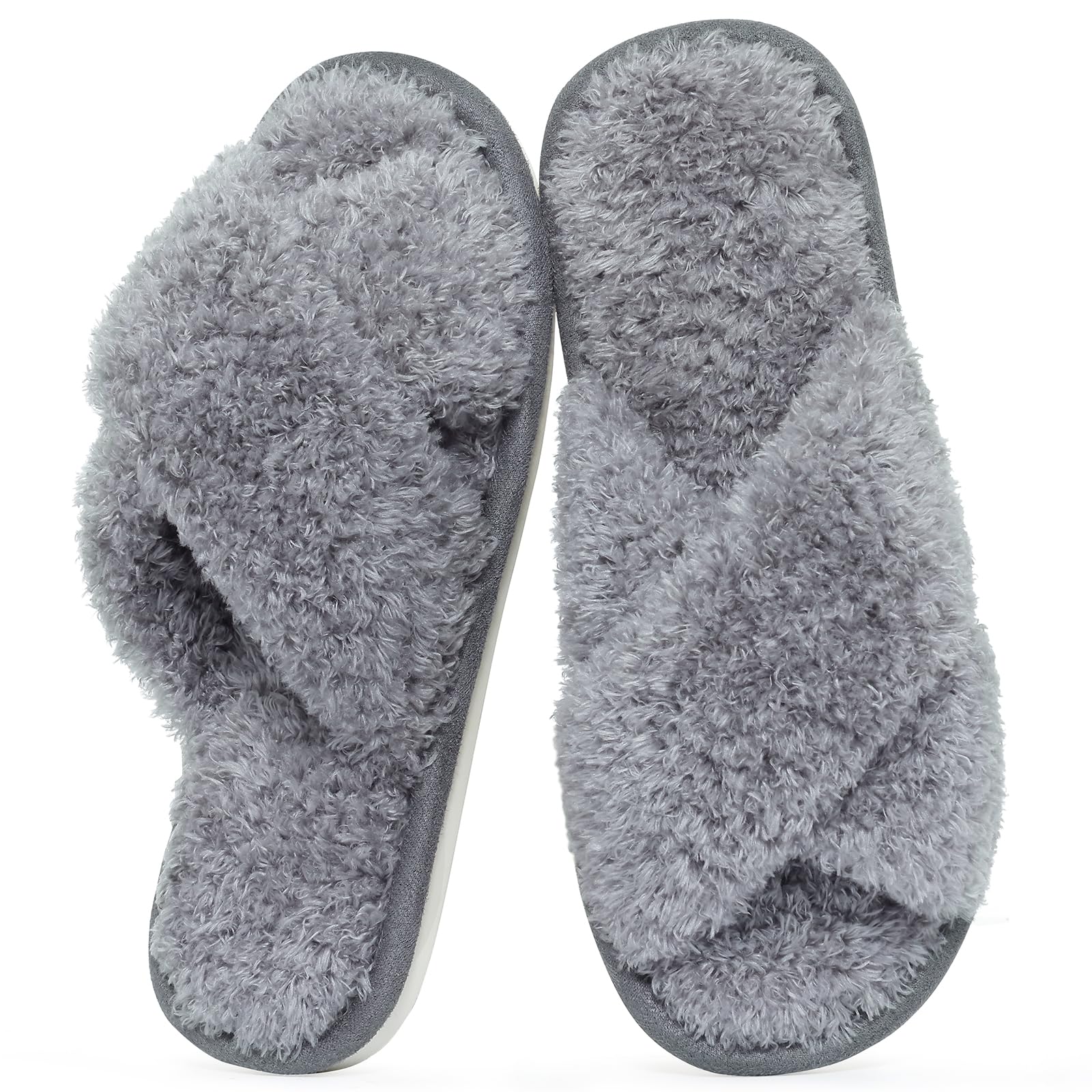 Evshine Women's Fuzzy Slippers Cross Band Memory Foam House Slippers Open Toe
