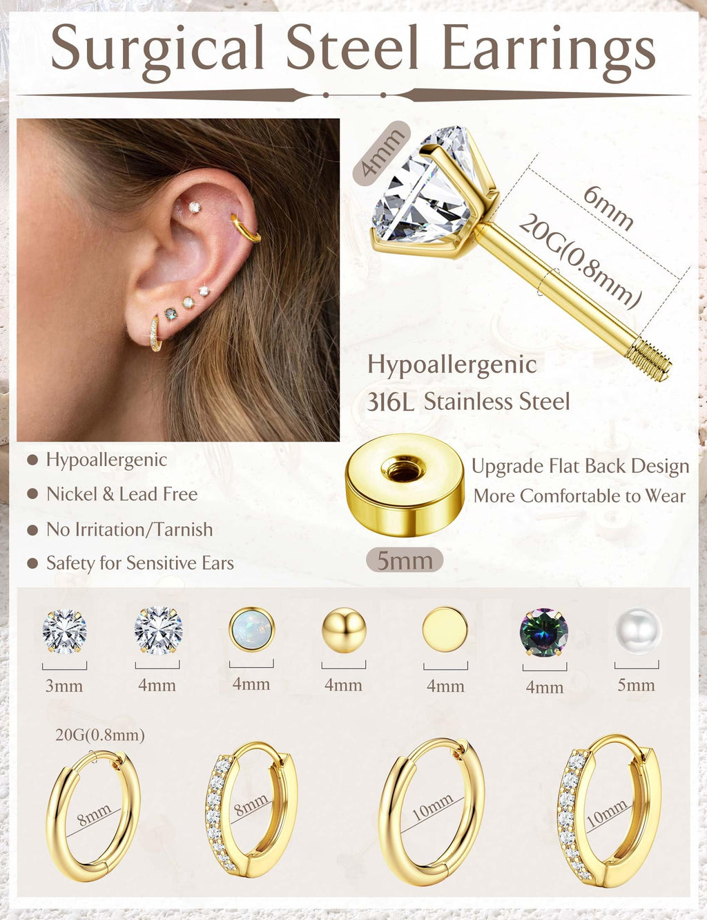Jstyle Hypoallergenic Stud Hoop Earrings for Women Small Flat Back Surgical Stainless Steel Earrings for Sensitive Ears Trendy Silver Hoops Cartilage Earring Stacks Set Multiple Piercing Jewelry Gifts