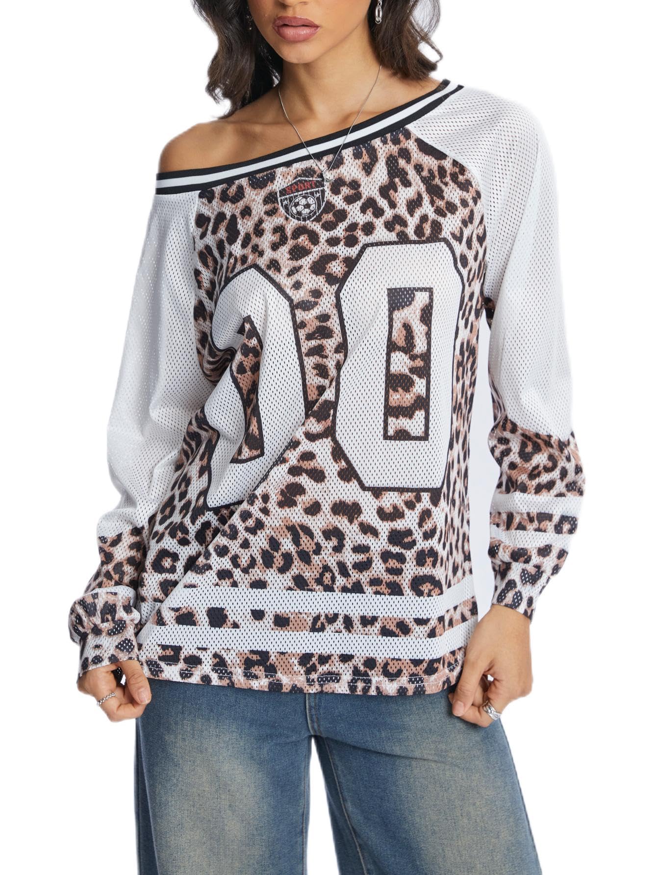 BEAUDRM Women's Y2k Mesh Jersey Shirts Sheer Graphic Tees Oversized Off The Shoulder Long Sleeve Tops Streetwear