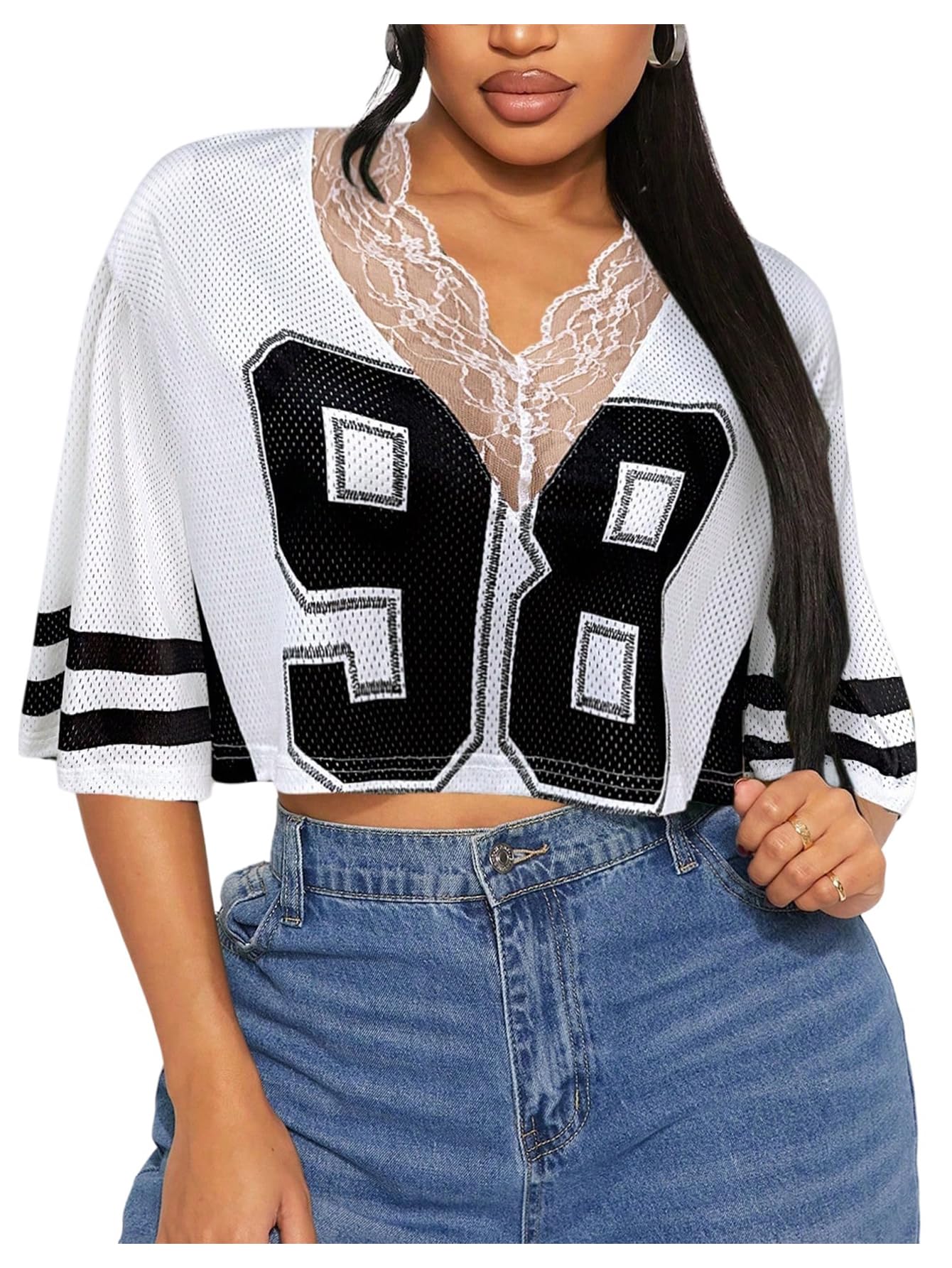 SOLY HUX Women's Number Graphic Tees Lace V Neck Half Sleeve Crop Tops Jersey Shirt Y2k Streetwear