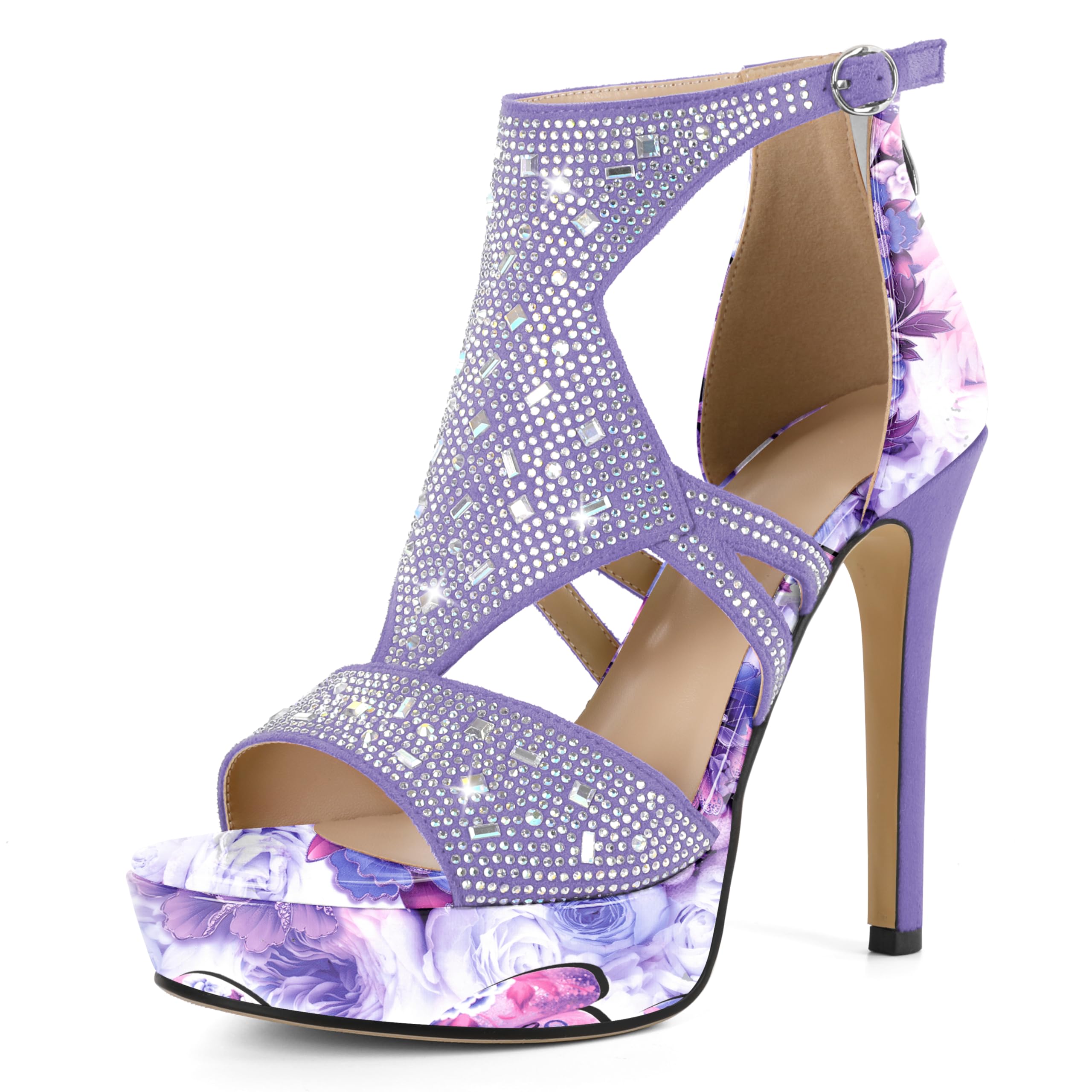 Eldof High Heeled Sandals for Women, Open Toe Strappy Platform Sandals, Cutout Gladiator Heels with Rinestones, Pumps Shoes for Dress Party Evening Summer