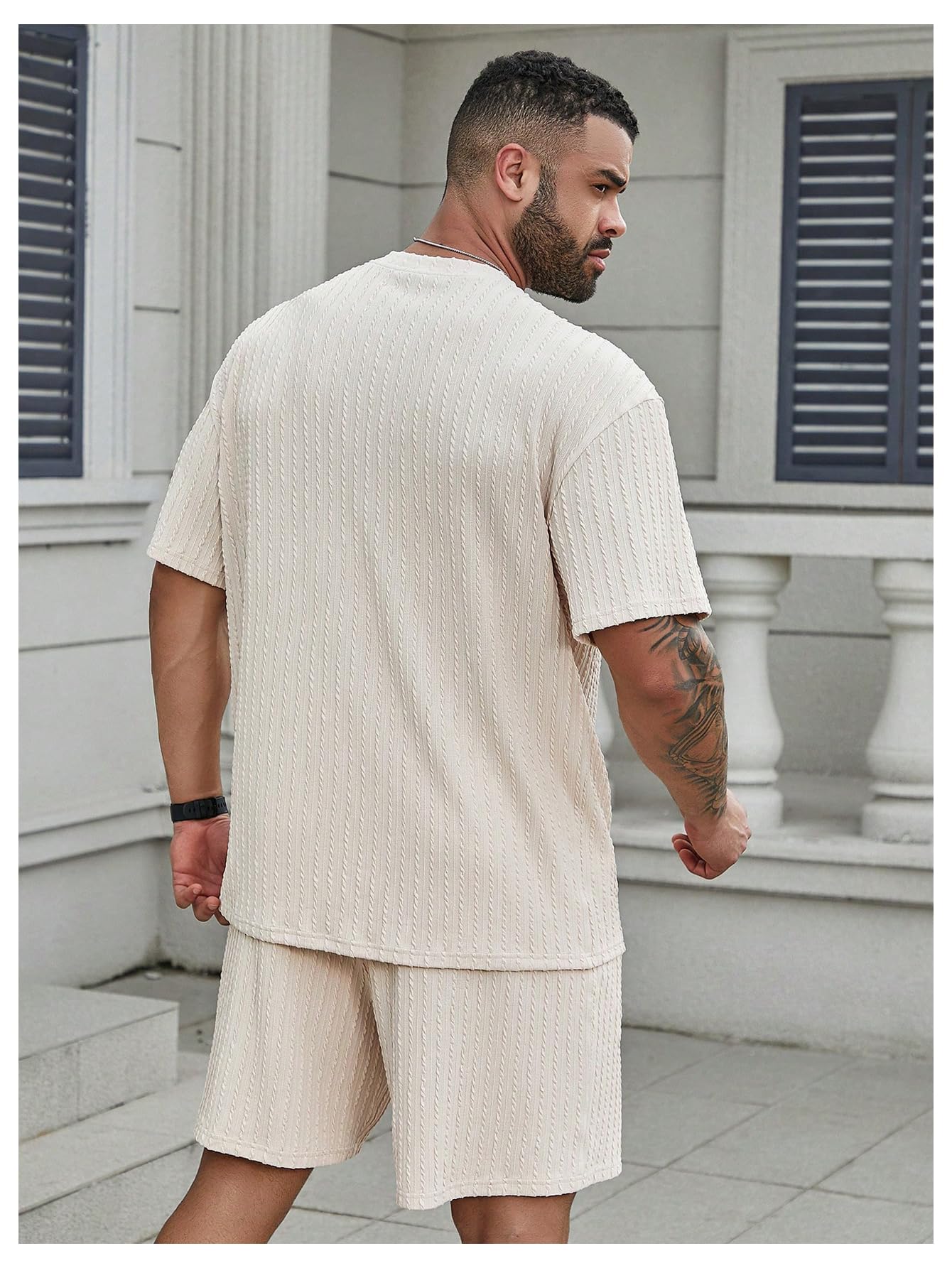 RoseSeek Men's Big and Tall 2 Piece Summer Outfits Textured Drop Shoulder T Shirt and Short Sets Tracksuit