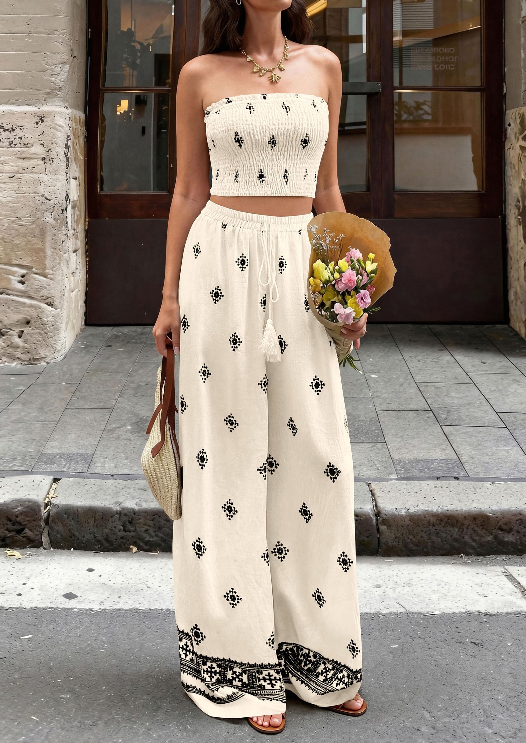 PRETTYGARDEN 2 Piece Sets for Women Summer 2026 Fashion Clothing Boho Tube Tops Wide Leg Pants Cruise Beach Vacation Outfits