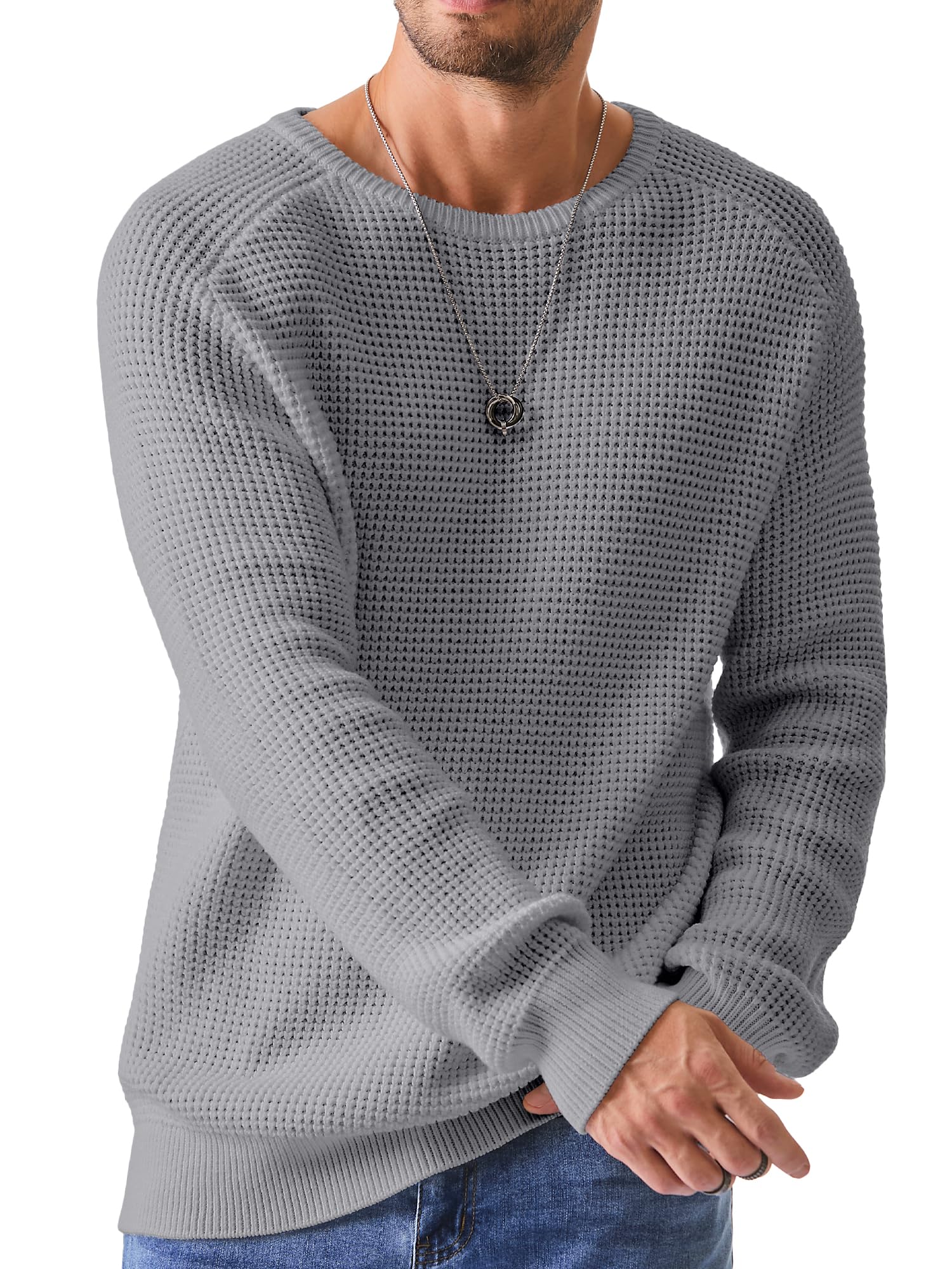 JMIERR Men's Crewneck Pullover Sweater Waffle Textured Knitted Sweaters Casual Loose Fit Sweaters with Ribbing Edge