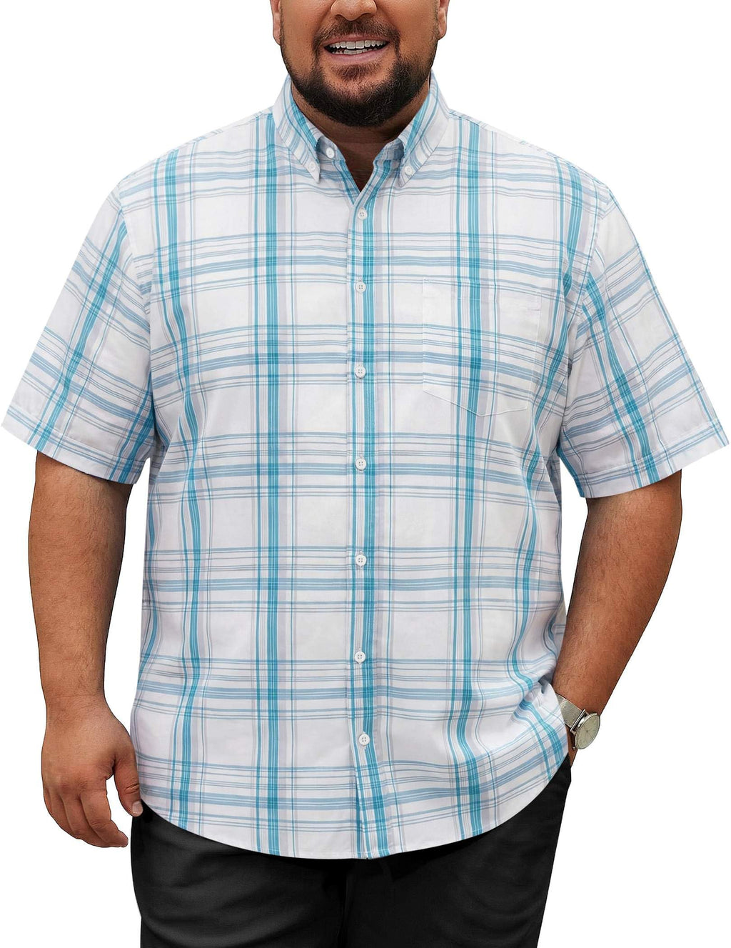 COOFANDY Mens Big and Tall Shirts Short Sleeve Casual Button Down Plaid Shirt Wrinkle Free Dress Shirt with Pocket