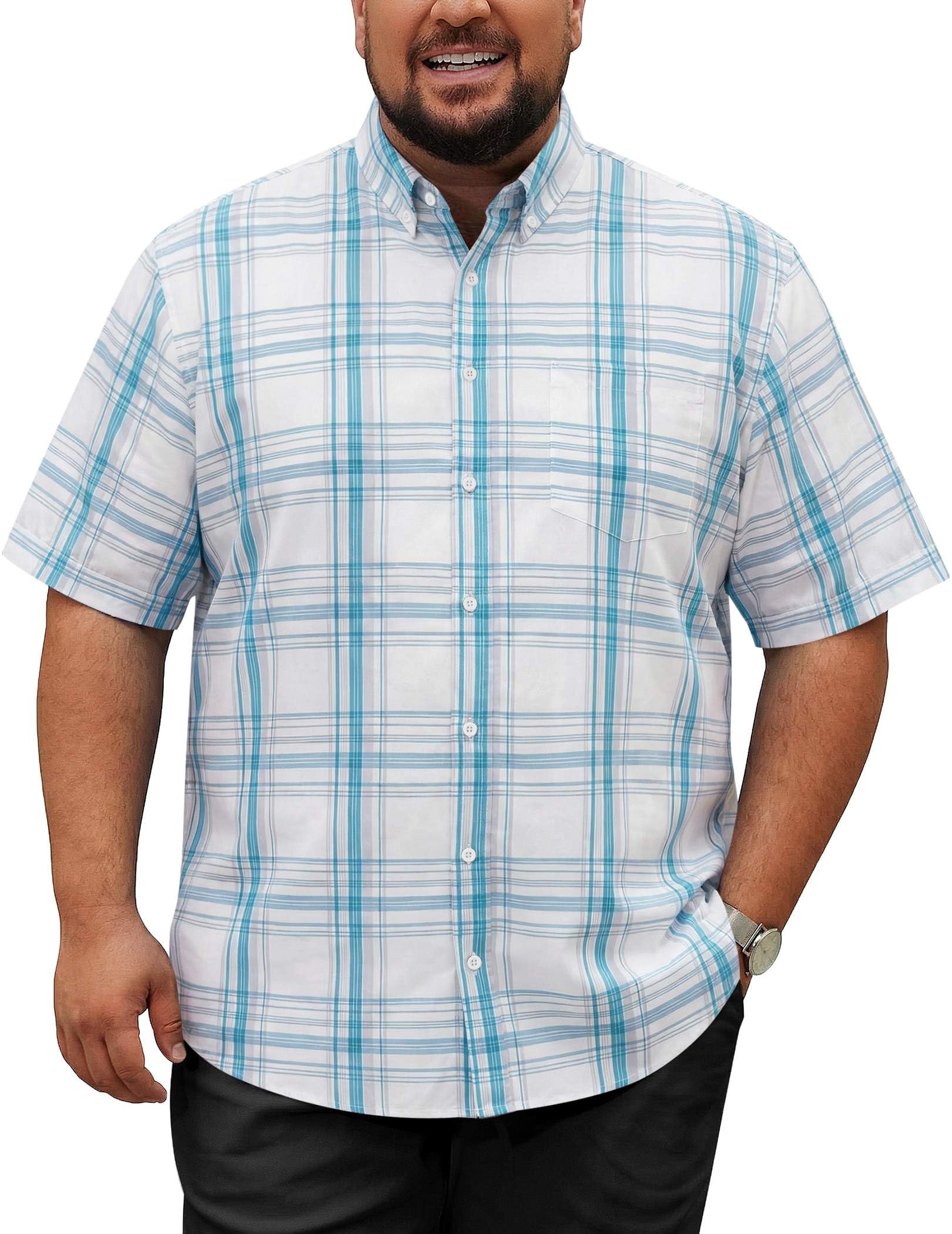 COOFANDY Mens Big and Tall Shirts Short Sleeve Casual Button Down Plaid Shirt Wrinkle Free Dress Shirt with Pocket