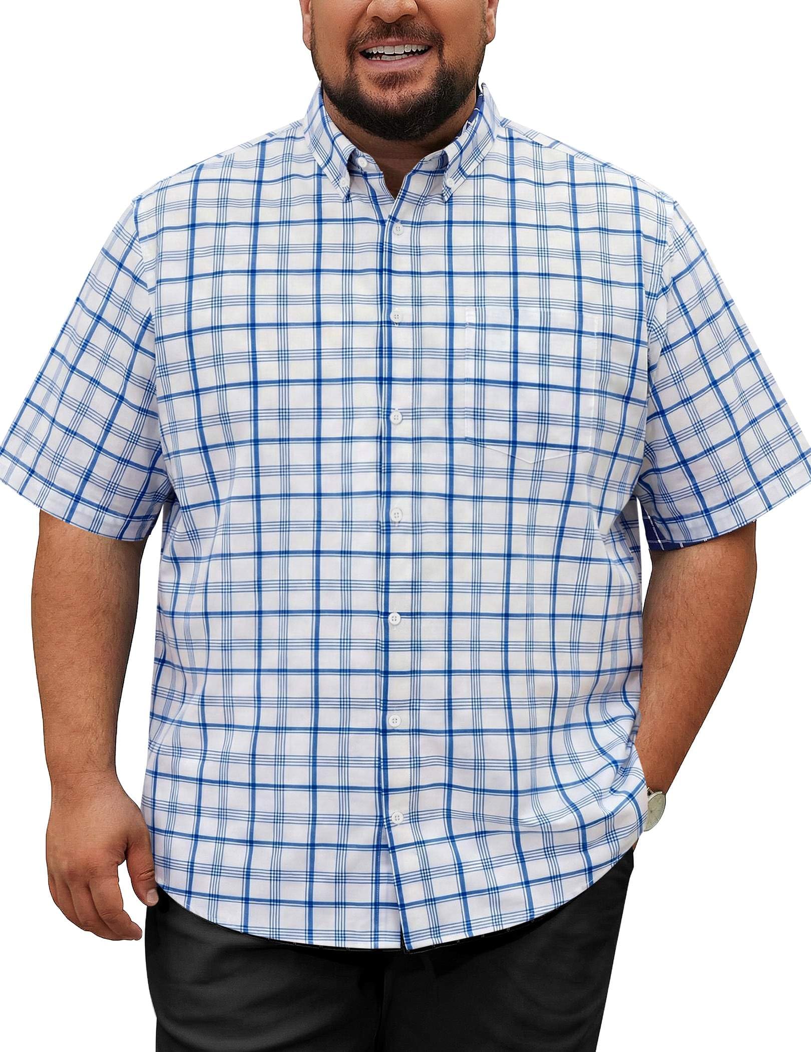 COOFANDY Mens Big and Tall Shirts Short Sleeve Casual Button Down Plaid Shirt Wrinkle Free Dress Shirt with Pocket