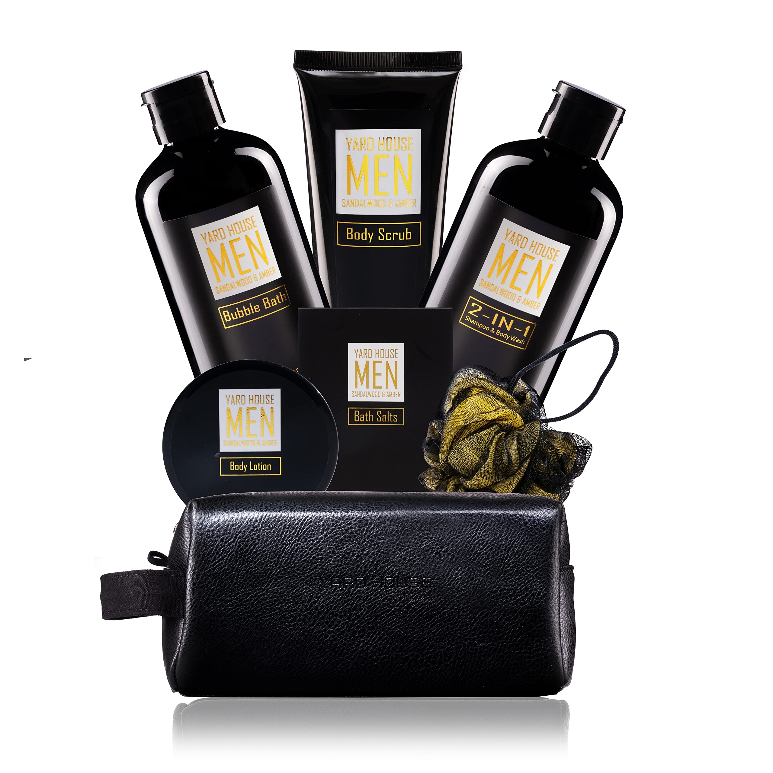 YARD HOUSE Bath and Body Spa Gift Baskets Set for Men - Sandalwood Amber - 7Pc Full Size Spa Kit in Toiletry Bag - Fathers Day Gifts For Husband, Dad From Wife, Daughter Son, Birthday Gifts For Him