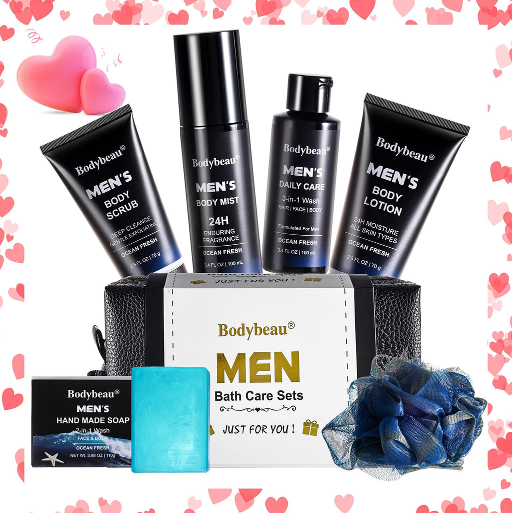 Bodybeau Men's Bath and Body Spa Gift Set - 7-Piece Kit with Daily Care 3-in-1 Wash, 2-in-1 Handmade Soap & Travel Bag - Father's Day/Birthday/Christmas Gifts for Dad, Husband Son from Family