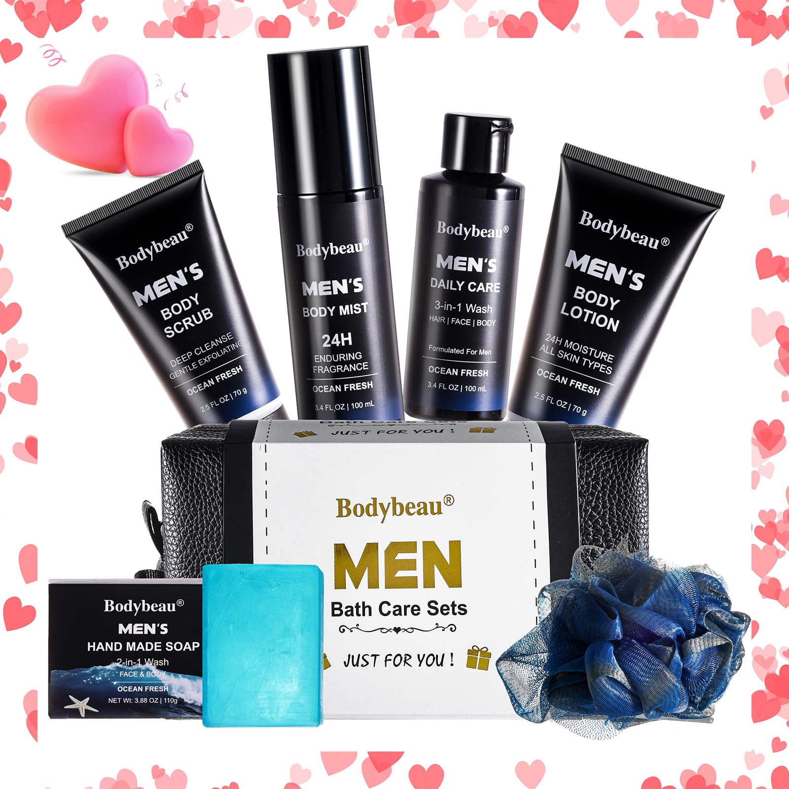 Bodybeau Men's Bath and Body Spa Gift Set - 7-Piece Kit with Daily Care 3-in-1 Wash, 2-in-1 Handmade Soap & Travel Bag - Father's Day/Birthday/Christmas Gifts for Dad, Husband Son from Family