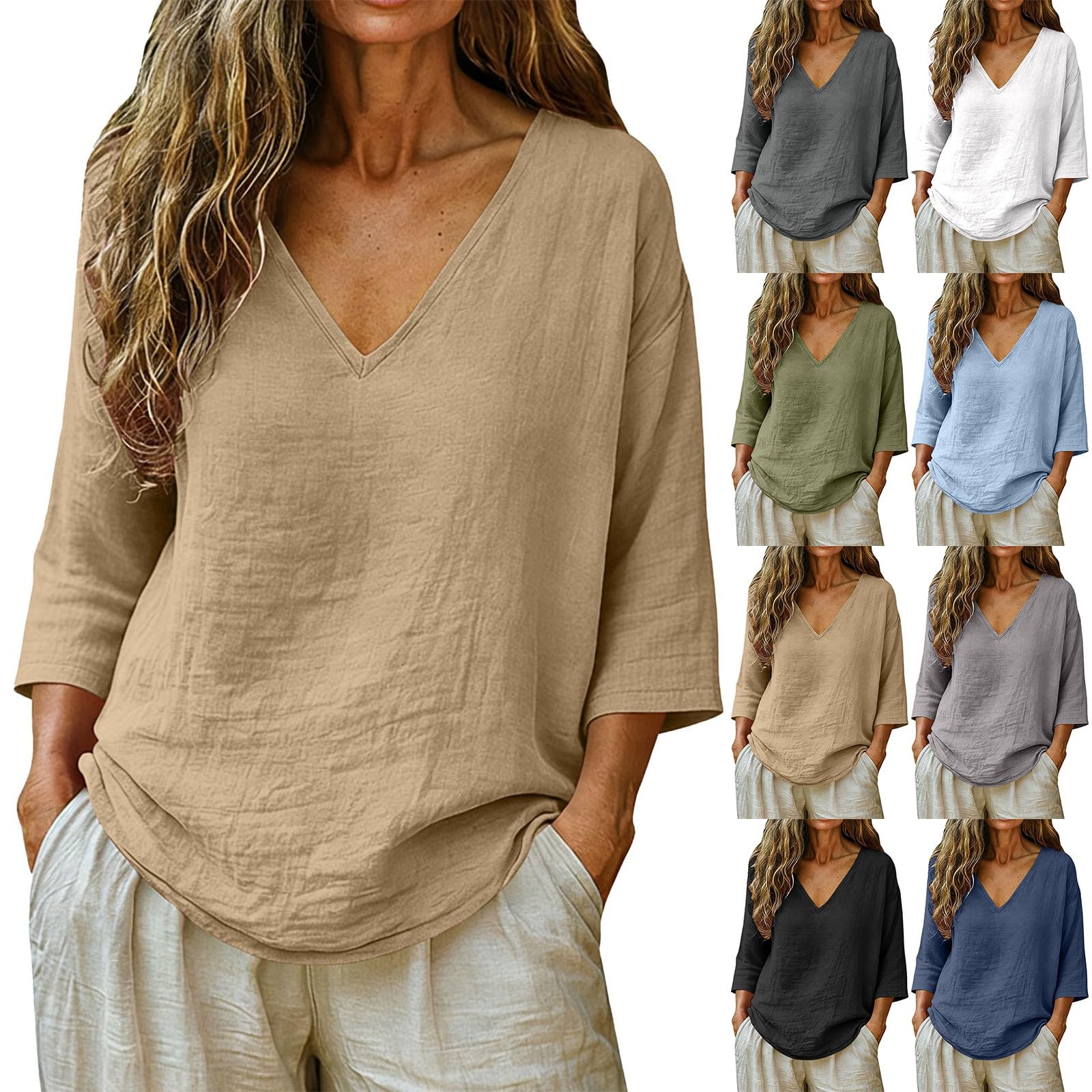 Linen Shirt Women 3/4 Sleeve Summer Casual V Neck Spring Tops Tunic Blouses Loose Fit Cotton Trendy Beach Vacation Clothes