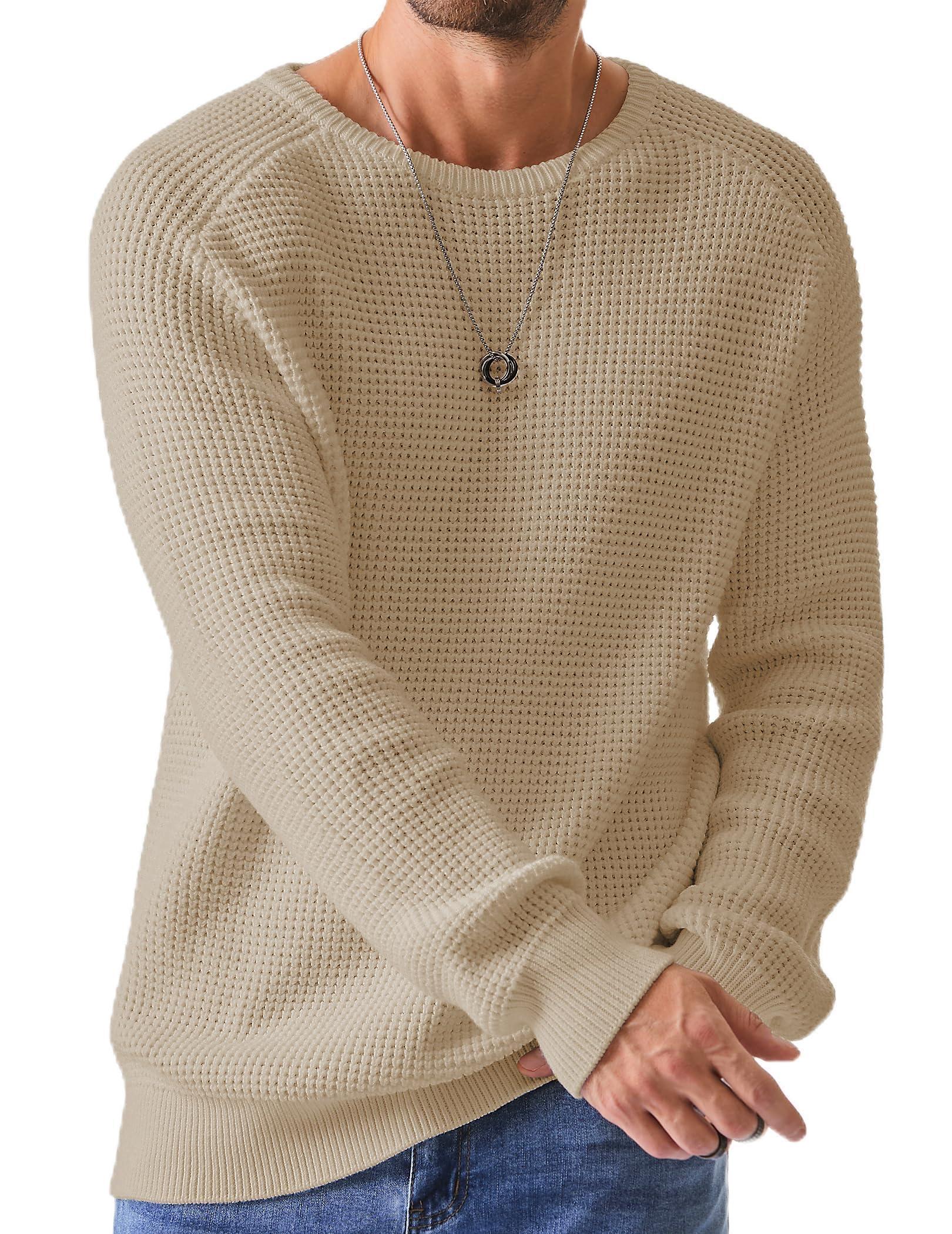 JMIERR Men's Crewneck Pullover Sweater Waffle Textured Knitted Sweaters Casual Loose Fit Sweaters with Ribbing Edge