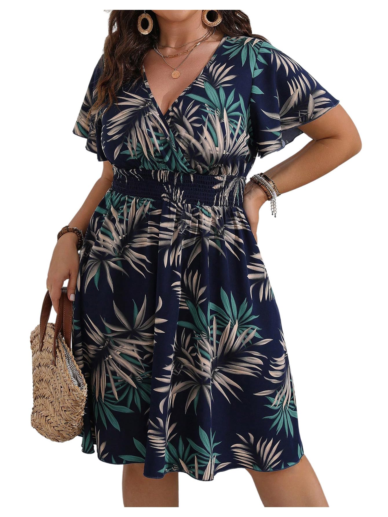 Floerns Women's Plus Size Summer Vacation Wrap V Neck Short Sleeve Ruffle Hem A Line Hawaiian Short Dress