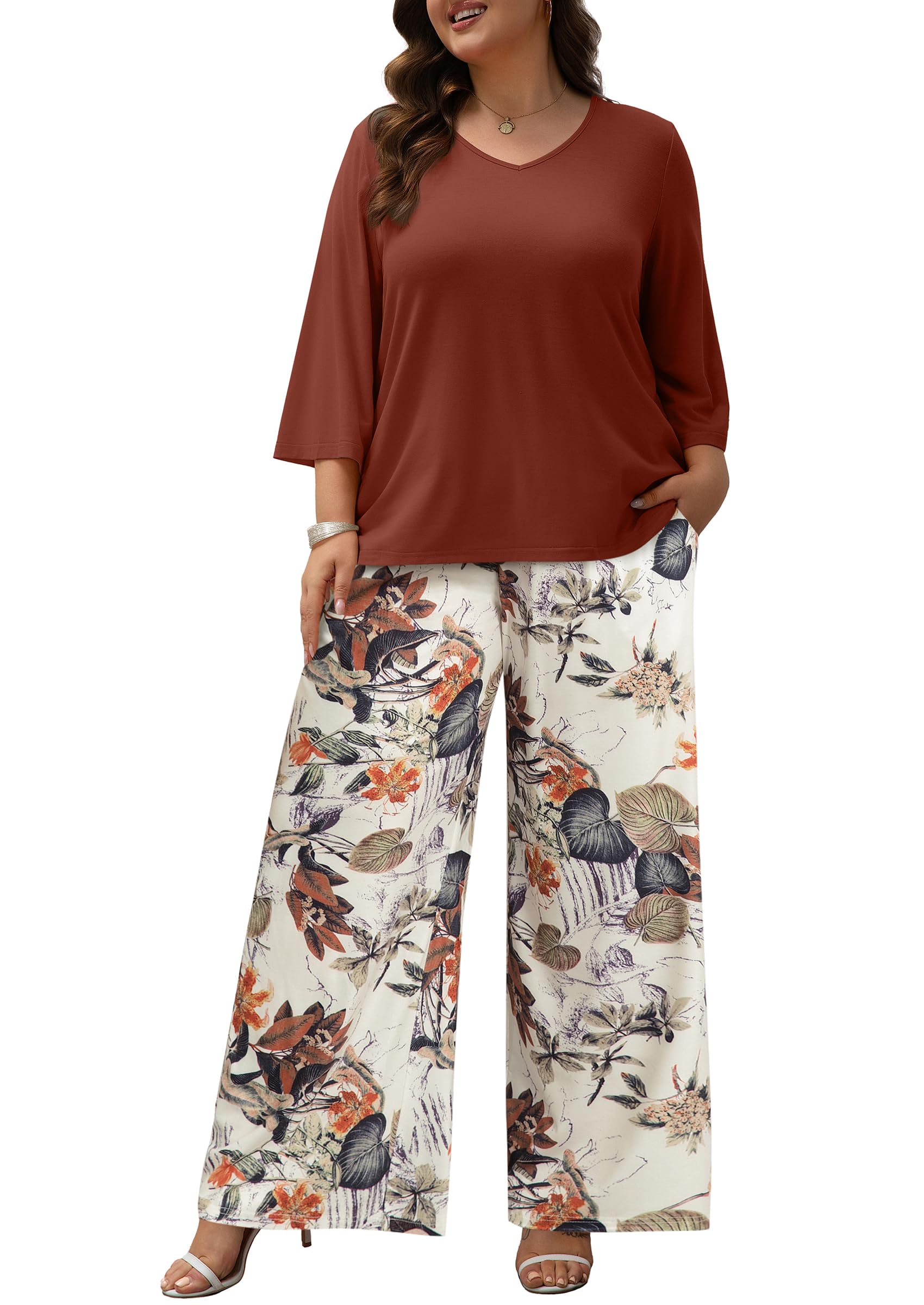 Auciccoo Womens Plus Size Lounge Sets 2 Piece Outfits 3/4 Sleeve Pullover Tops Wide Leg Pants Travel Loungewear