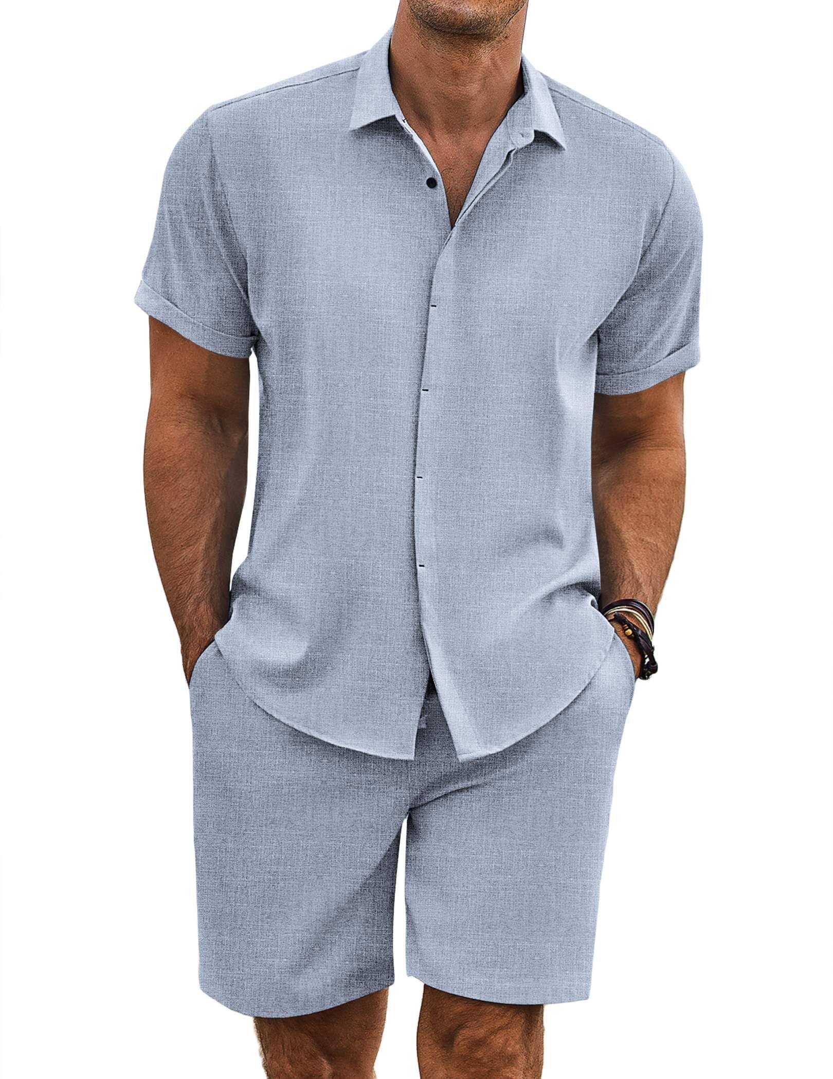 COOFANDY Men's Summer Beach Outfits 2 Piece Short Sleeve Shirts and Shorts Vacation Texture Linen Sets for Men
