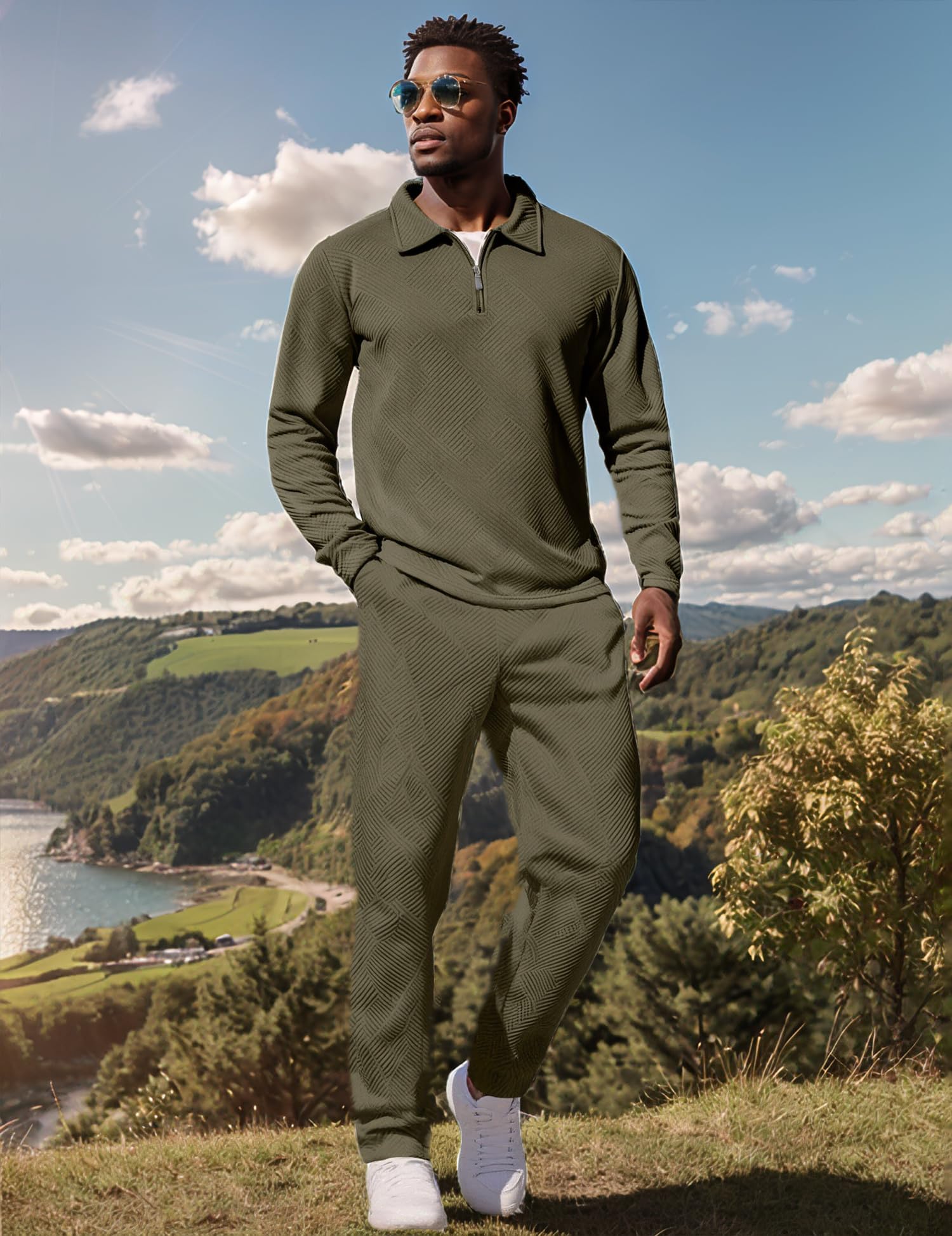 UOUA Mens 2 Piece Set Casual Outfits Polo Long Sleeve Shirt & Pants Tracksuit Loungewear Athletic Jogger Sweatsuit