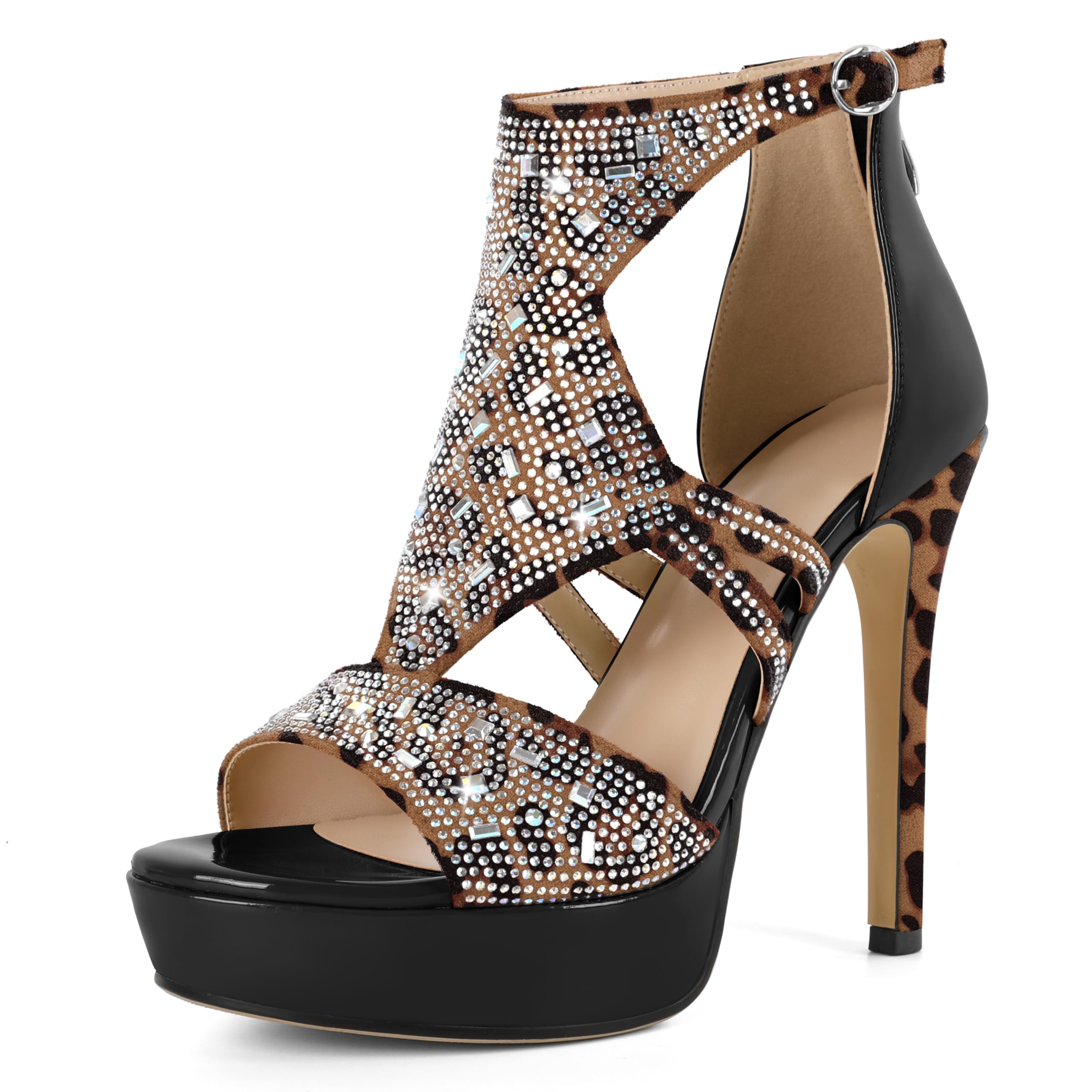 Eldof High Heeled Sandals for Women, Open Toe Strappy Platform Sandals, Cutout Gladiator Heels with Rinestones, Pumps Shoes for Dress Party Evening Summer