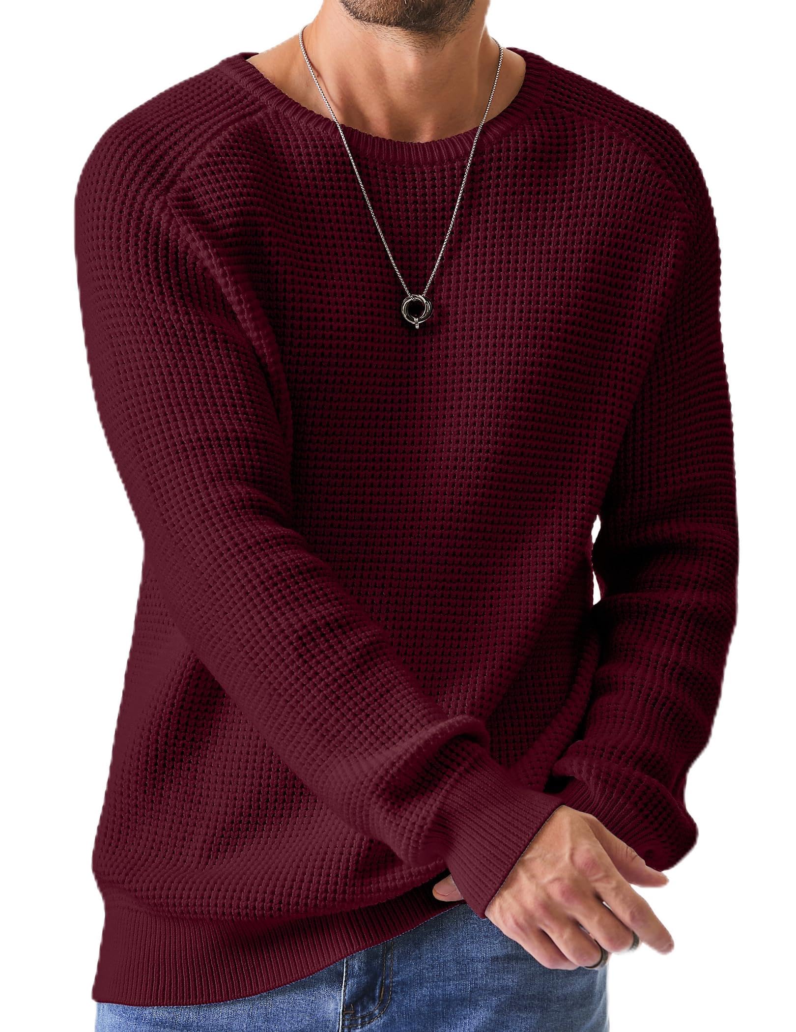 JMIERR Men's Crewneck Pullover Sweater Waffle Textured Knitted Sweaters Casual Loose Fit Sweaters with Ribbing Edge